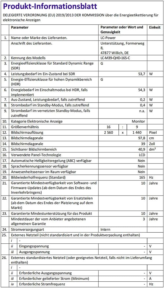 LC-Power Monitor Gaming Curvo 39 QHD VA, 2560x1440, HDR 400, AMD FreeSync 165Hz, 3000R, 99% sRGB, 2x DP 1.4, 2x HDMI 2.0, GamePlus、PIP/PBP、Low Blue, Nero