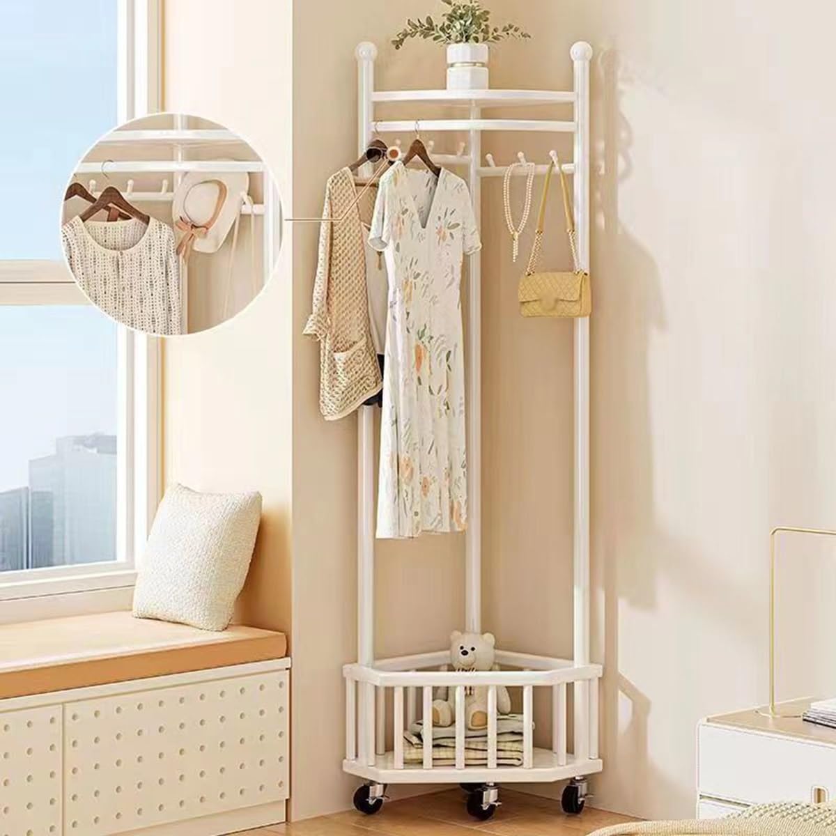 ZHBHYZ Corner Coat Rack - Freestanding With 6 Hooks & Shelves, Gold Metal, For Hallway Or Bedroom - View #2