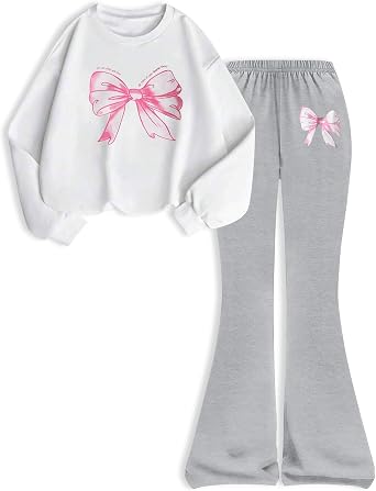 Girls Clothes Bow Sweatshirt & Flare Leg Pants 2Pcs Fall Outfits Cute Tween Clothing 4-12 Years