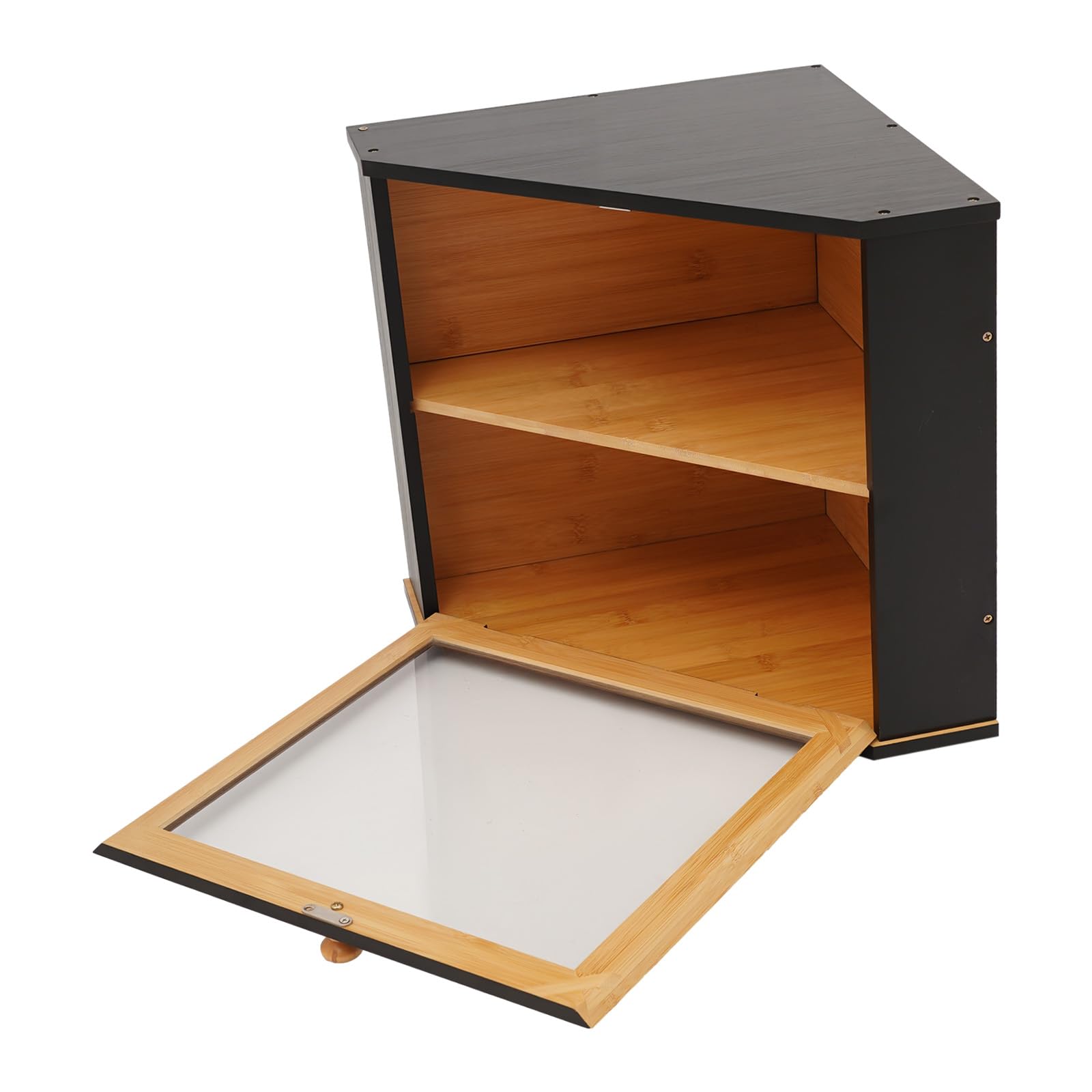 Chlebak, 2-poziomowy bambusowy narożny chlebak, 2-poziomowy pojemnik na pieczywo z drewna, czarny, z zamknięciem magnetycznym i okienkiem, 32 x 32 x 34 cm