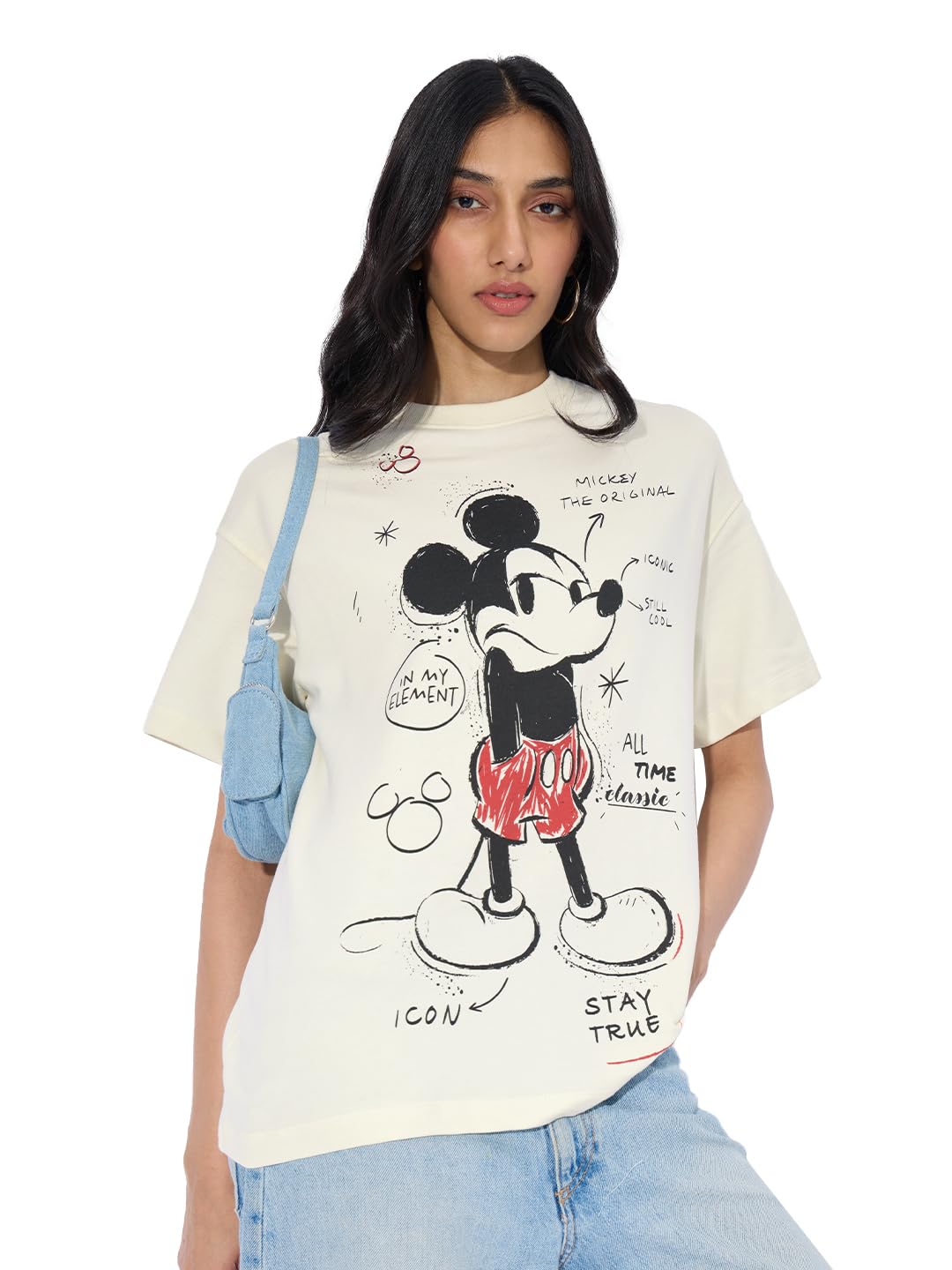 the souled store Mickey Mouse: Main Character Women and Girls Short Sleeves Round Neck Off White Graphic Printed Cotton Oversized T-Shirts-picture-35