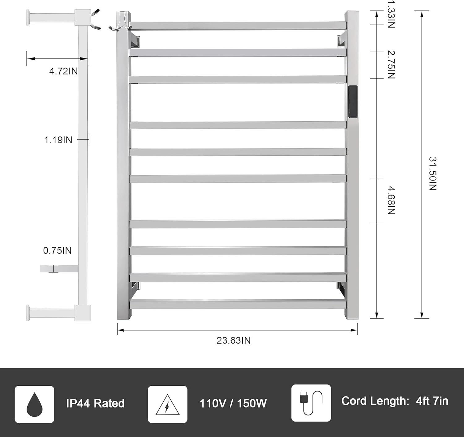 Keonjinn Towel Warmer for Bathroom Electric Heated Towel Rack with Built-in Timer 10 Bars Wall Mounted Bath Towel Heater Hardwired and Plug in, 304 Stainless Steel Polished 24 x 32 Inch Towel Rack : Home & Kitchen