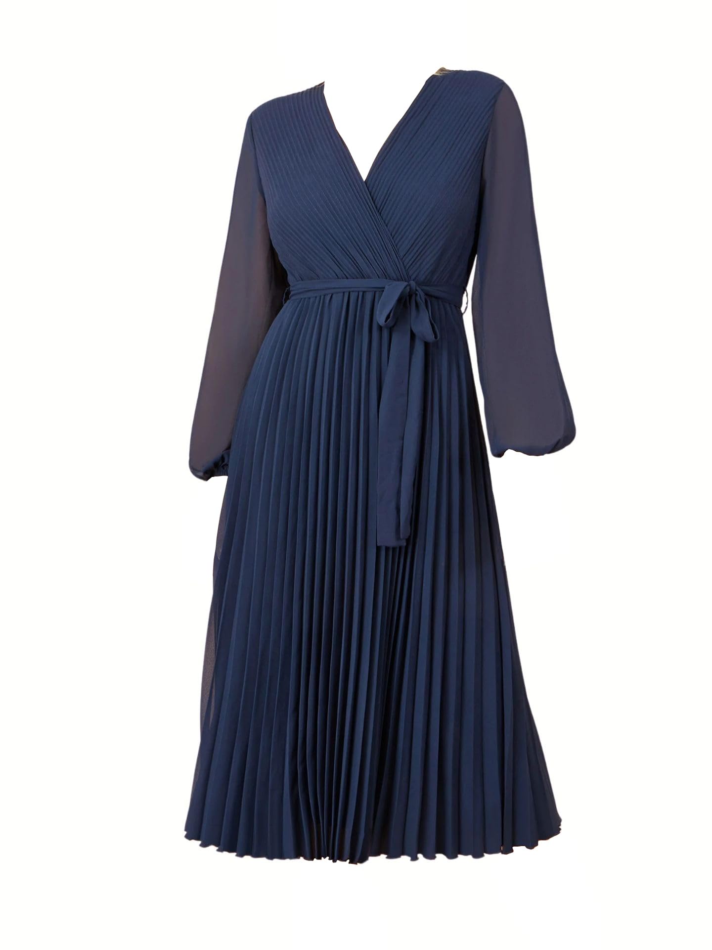 Yumi Navy Pleated Wrap Midi Dress with Sheer Long Sleeves (UK, Numeric, 8, Regular, Regular, Navy)