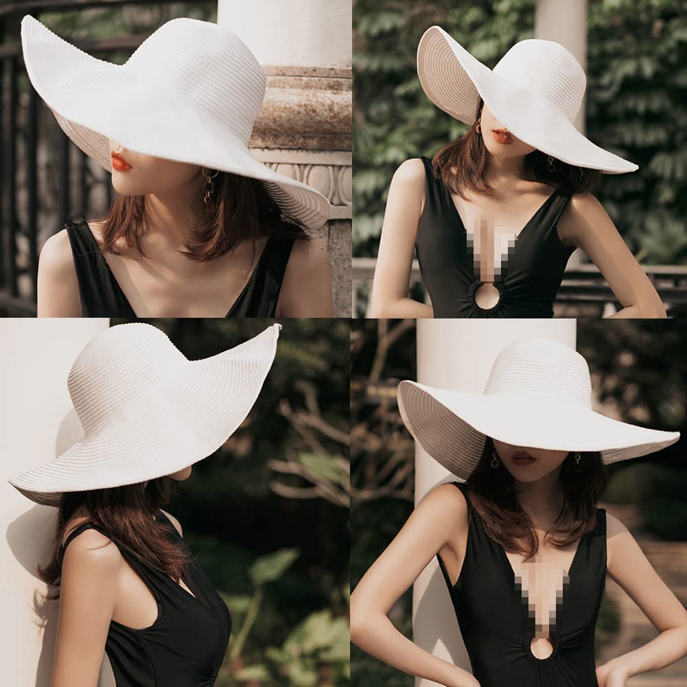 Women Girls Large Brimmed Garden Beach Big Summer Sun Hat Swimming Garden Beach Straw Hat for Holiday Traveling Black