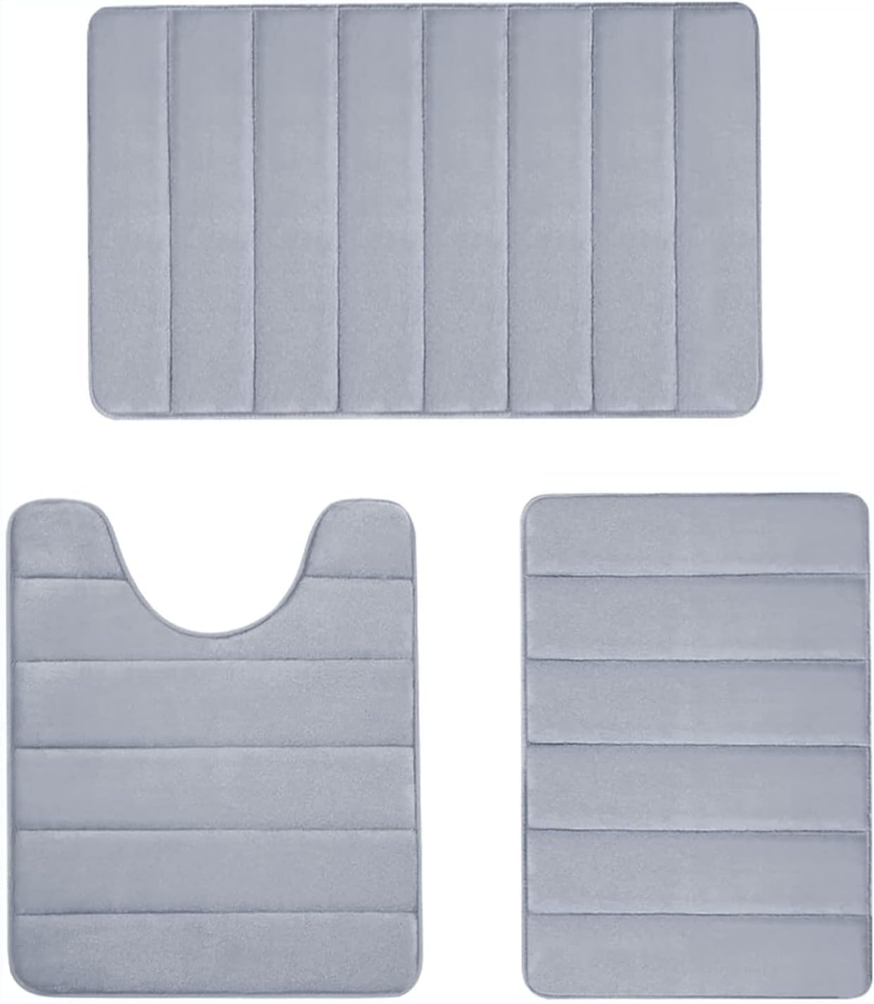 Buganda Memory Foam 3 Pieces Bathroom Rugs Set - Thick Soft Absorbent Non-Slip Bath Mats, Washable Small/Large/Contour Bath Rugs, Grey