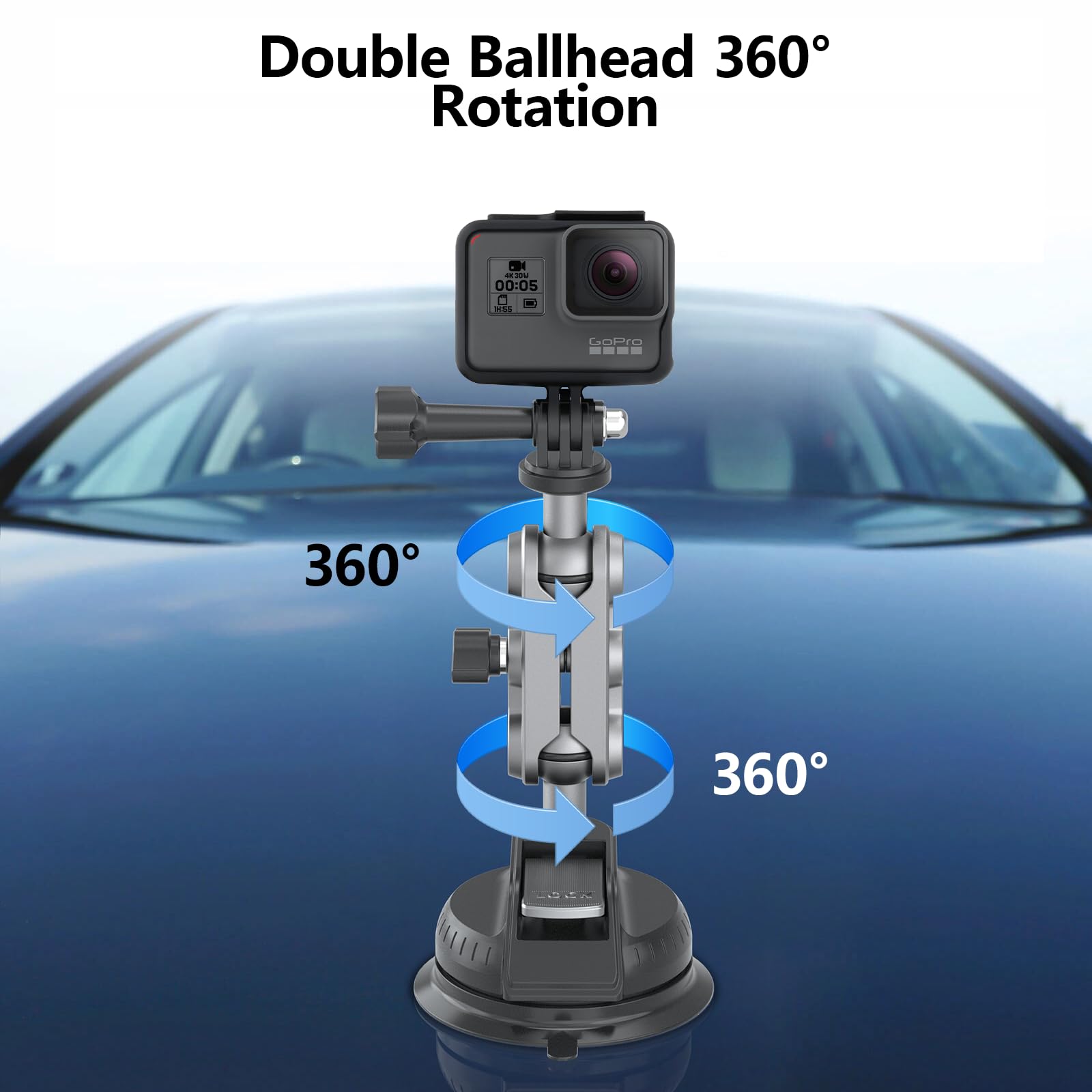 Wiseten Soporte de Ventosa Insta 360 X5 X4 X3 dji Osmo 360 Hero 13 12 11 10 9 Black, Ventosa Soporte con Cabeza de Bola Doble Rotación 360°, Montaje en Parabrisas o Ventana del Coche Accesorio