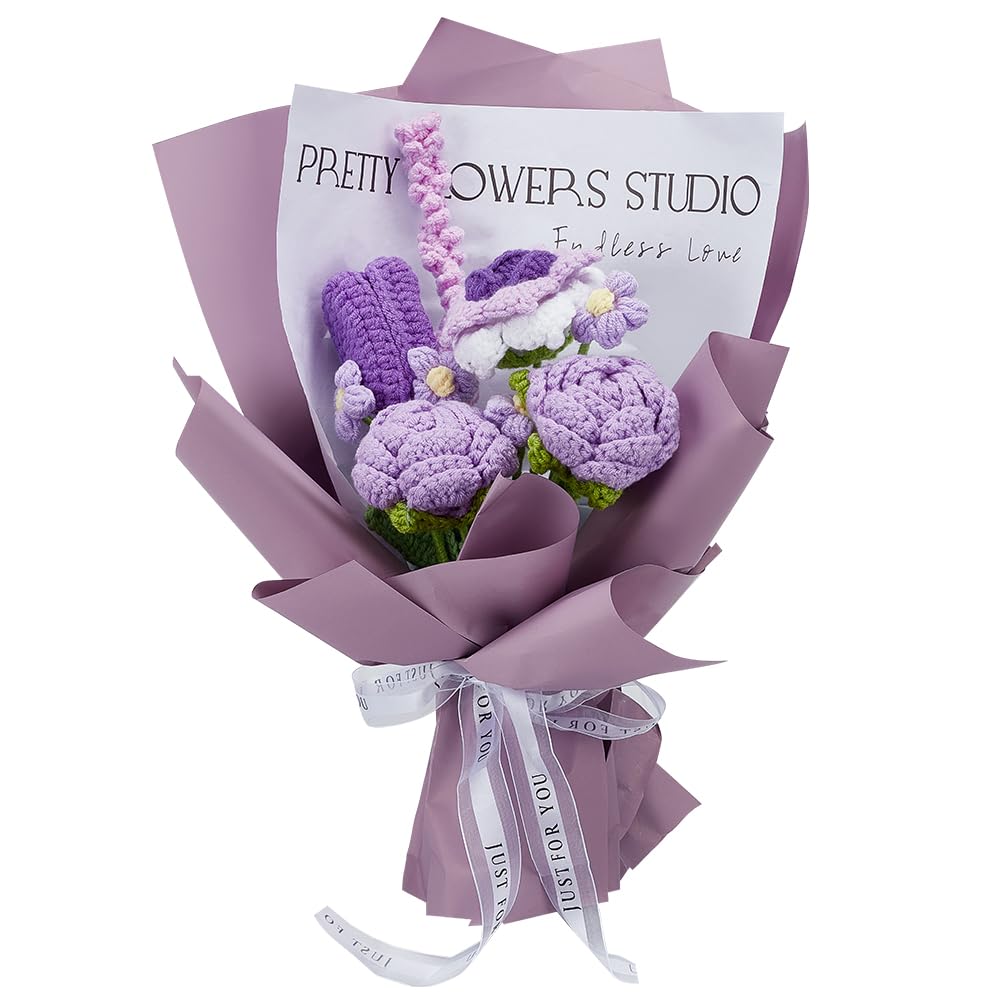 INFUNLY 9pcs/Set Purple Crochet Flower Bouquet Complete Handmade Rose Tulip Flower Bouquet Set Mixed Artificial Knitted Bouquets for Birthday Graduation Anniversary Wedding Gift Home Decor