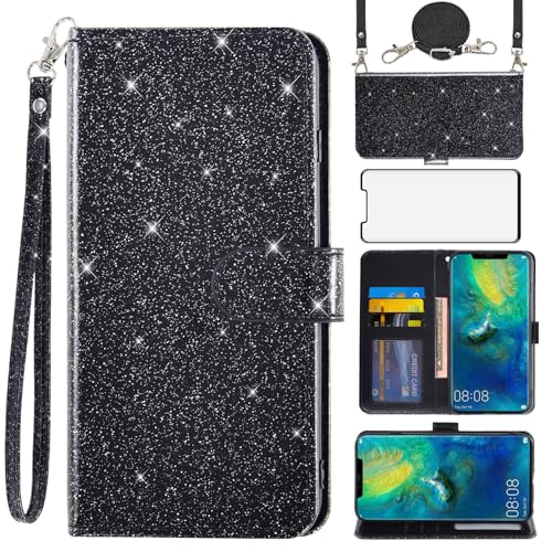 Asuwish Handyhülle für Huawei Mate 20 Pro Hülle mit Band Folie Schutzfolie Kartenfach Klappbar Glitzer Leder Geldbörse Ständer Hawaii Mate20 20Pro LYA-L29 Handy Hüllen Schutzhülle Phone Case Schwarz