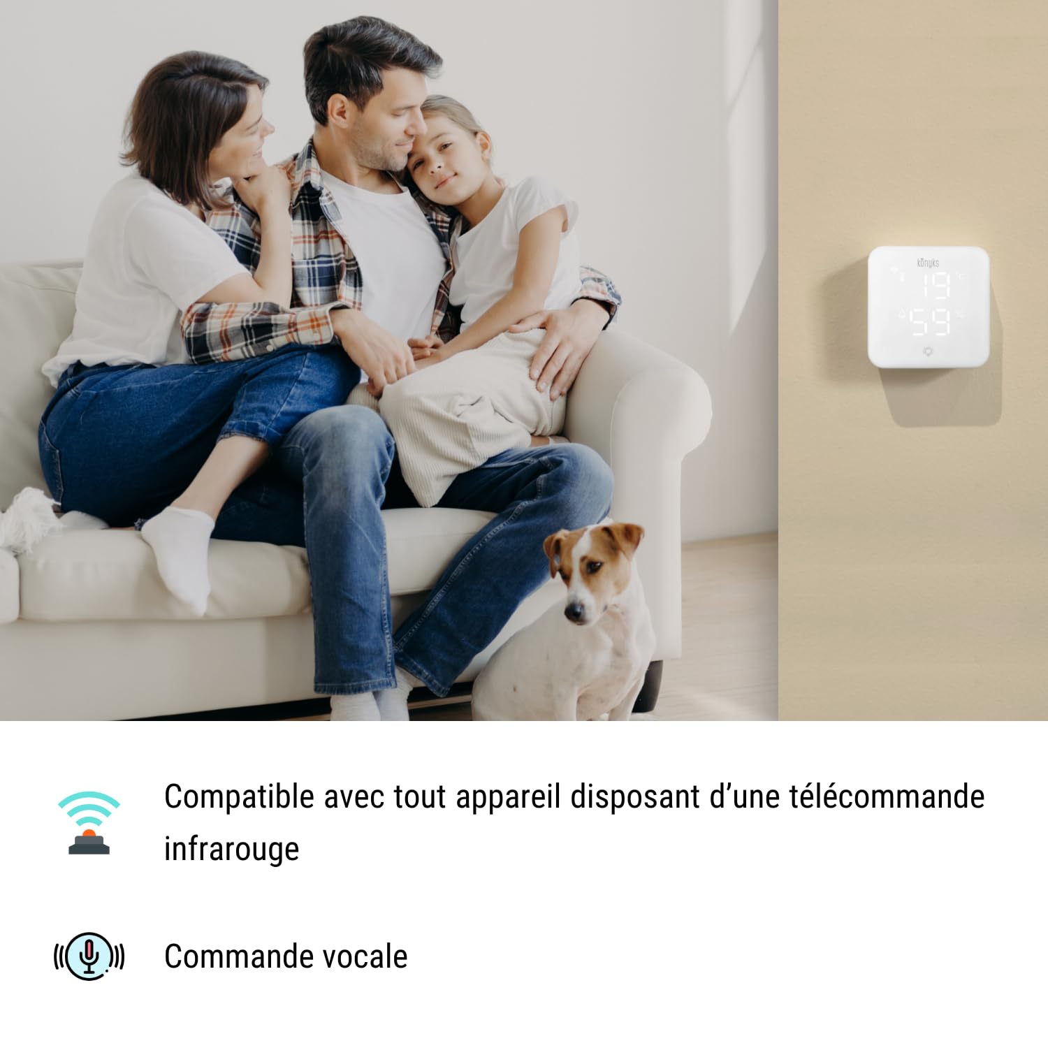 Konyks Climpac - Thermostat Wi-FI pour Climatiseurs et Pompes à Chaleur Air-Air, contrôle à Distance, Commande vocale, thermomètre et hygromètre intégrés