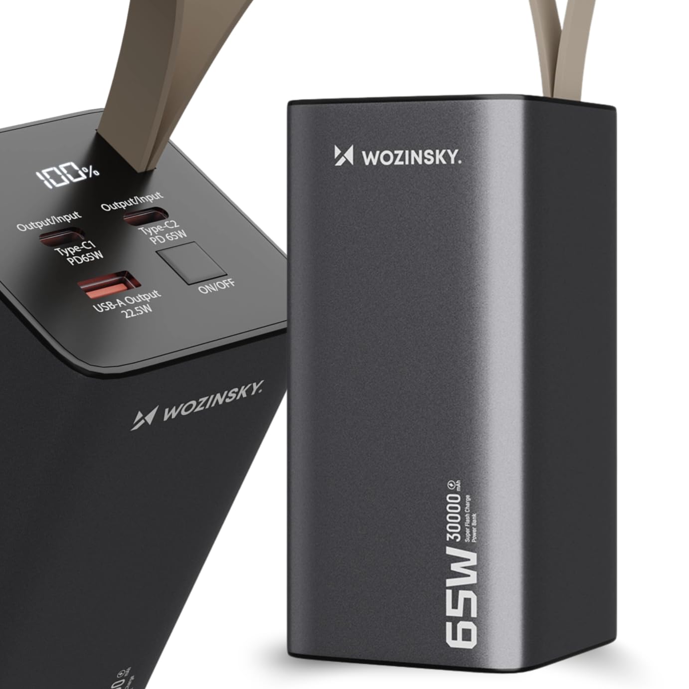 WOZINSKY Externer Akku Power Bank, 30.000 mAh, K65+ 65 W, 2 USB-C-Anschlüsse, 1 USB-A-Anschluss, Schnellladung, Schwarz