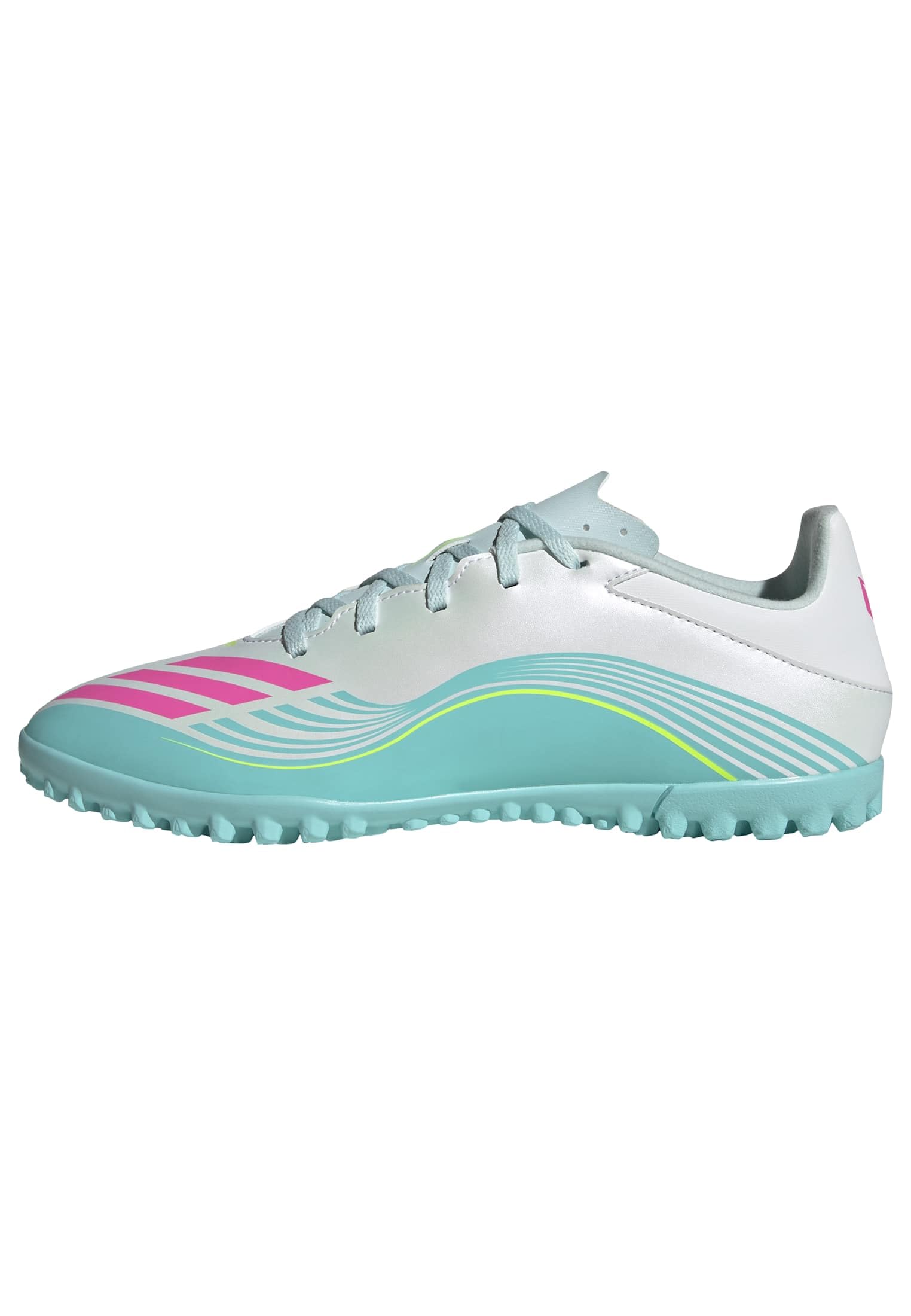 adidas Unisex F50 Messi Club Turf Football Shoes, FTWR White/Lucid Pink/Flash Aqua, 6.5 UK