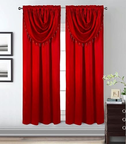 GLORY RUGS Panel de ventana con cenefa adjunta para dormitorio, sala de estar, comedor, 42 x 84 pulgadas, color rojo