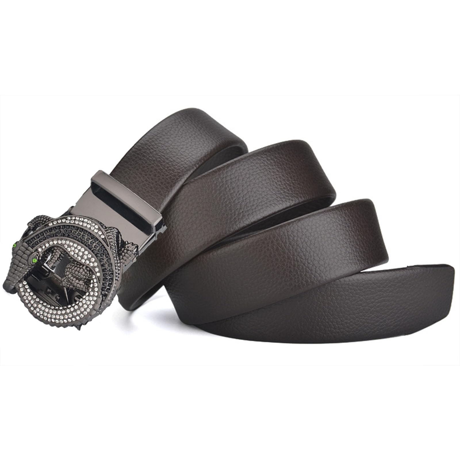 Cintura,Cinture da Uomo, Cintura da Uomo con Cricchetto Cowboy con Motivo Animale Lega di Diamanti Nera Fibbia Automatica,Marrone,130CM/51.2''