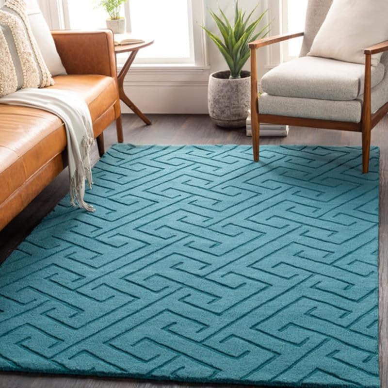 Image of Hand Tufted Modern Design Exported Collection High Low Pattern Wool Carpet for Living Room, Bedroom & Hall (Teal Blue, 6 x 8 Feet)