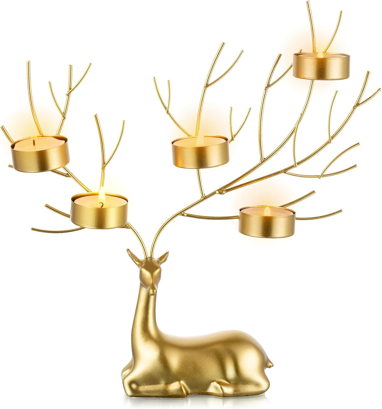 Sziqiqi Reindeer Animal Tealight Candle Holders, Metal Stag 5 Candle Tea Light Holders for Christmas Table Centerpiece Gold Decorative Deer Gift for Living Room Fireplace Mantle Table Ornament