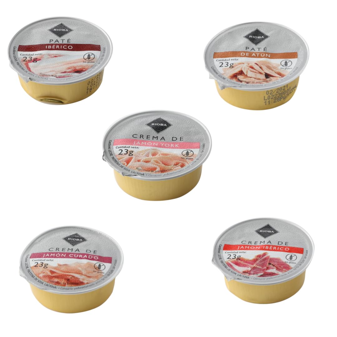 Crema y Paté en Monodosis - Jamón Curado, Jamón Ibérico, Jamón York, Atún, Paté Ibérico - 23g x 18 Unidades | Sin Gluten | Ideal para Desayunos (pack 5x18 Variados, 1 Bolsa de cada)