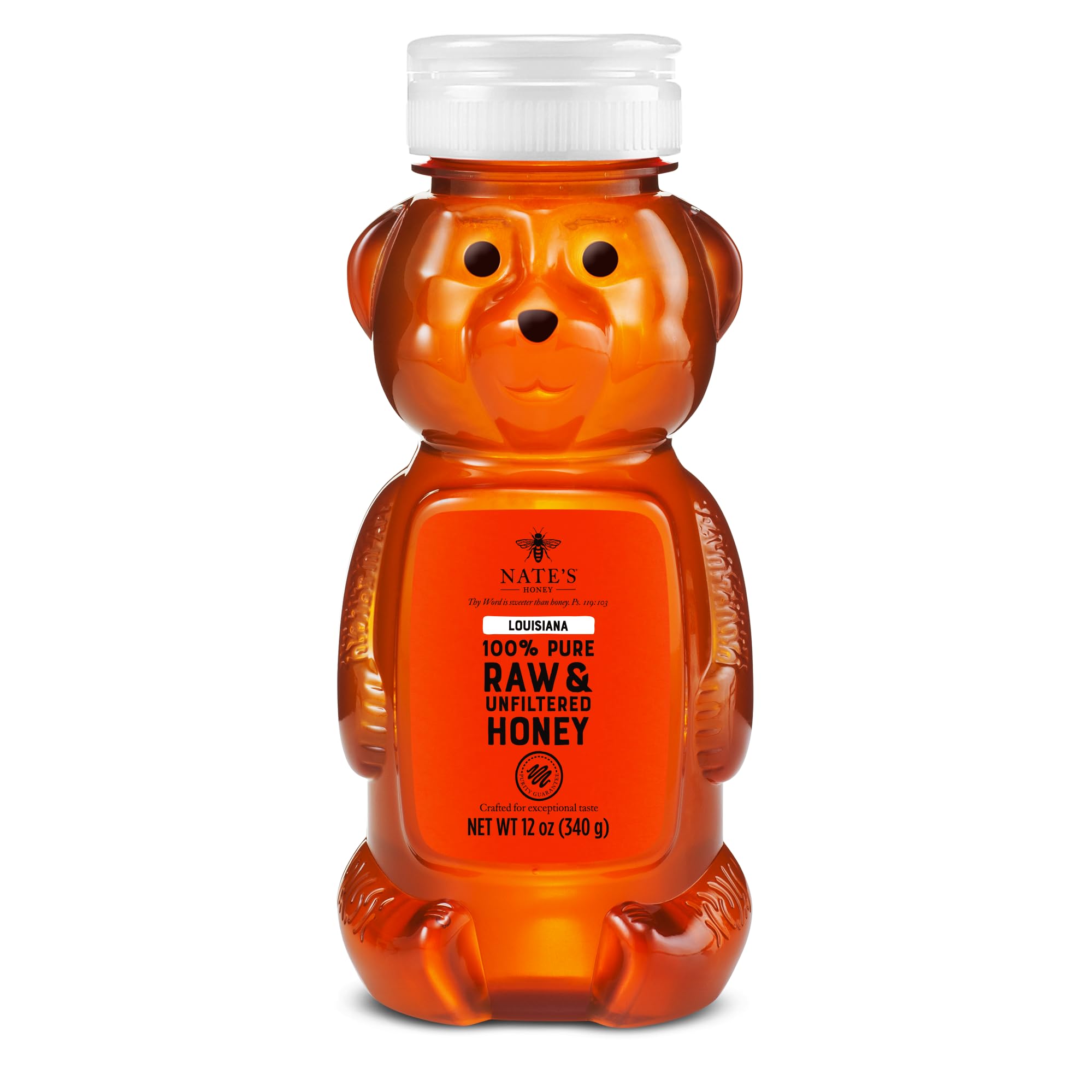 Nate's Louisiana 100% Pure, Raw & Unfiltered Honey - 12 oz. Honey Bear Bottle - All-natural Sweetener