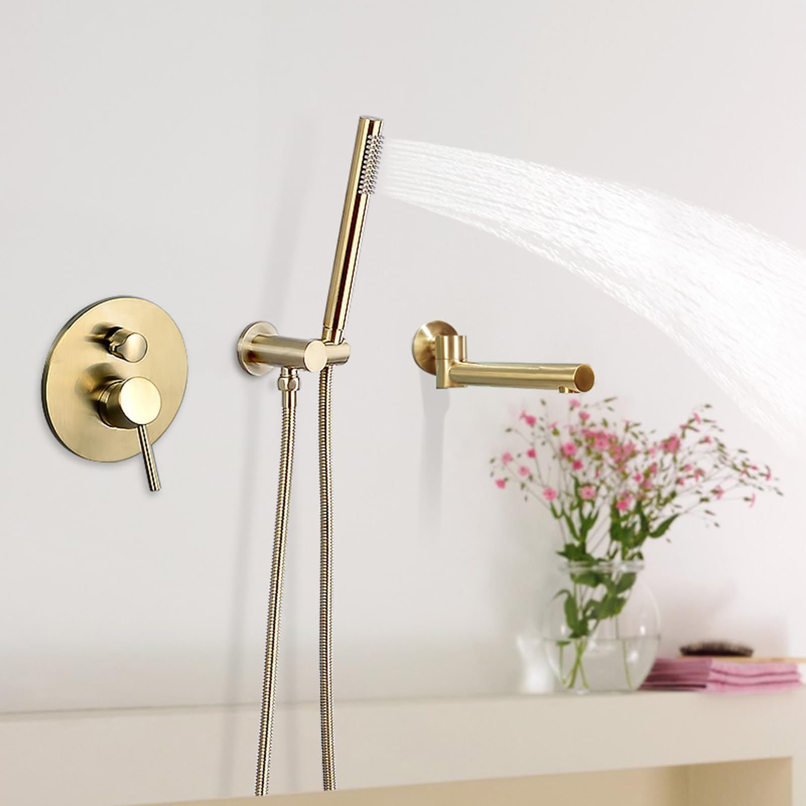JYBNBBE Concealed Bath Mixer Tap with Shower 360 Rotation Hot and Cold Bath Taps Wall Mounted Brass Brushed Gold (Brushed Gold)
