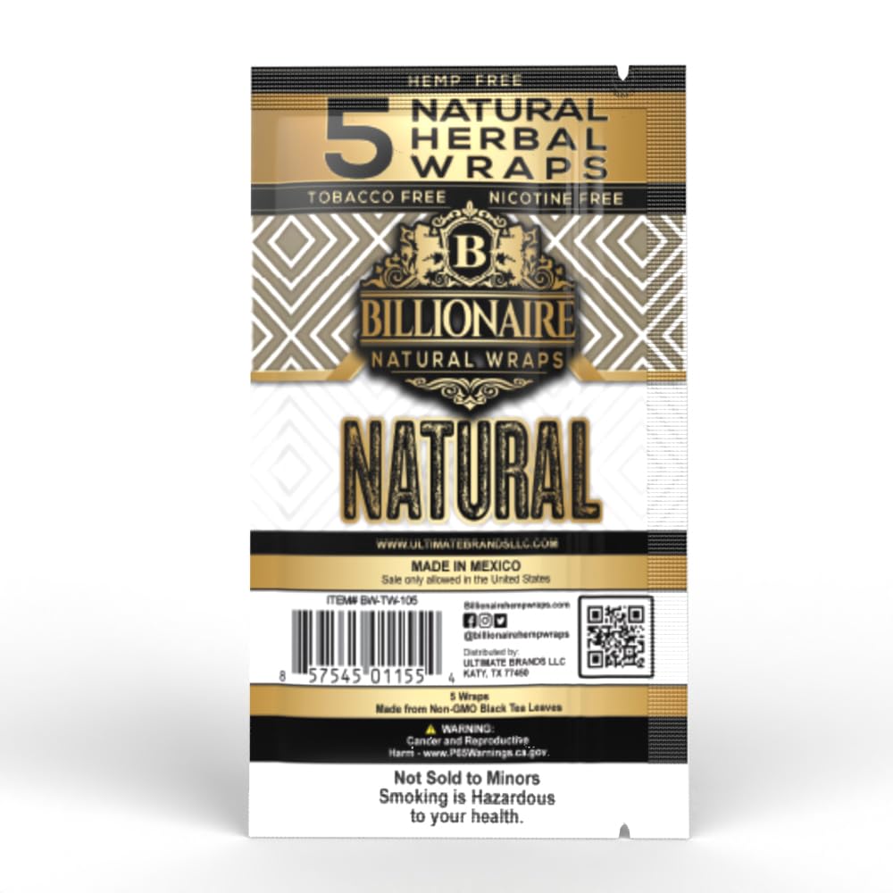 Amazon.com: Billionaire Natural Herbal Wraps - Natural Flavor - Tobacco  Free - Nicotine Free - Made from Non GMO Black Tea Leaves (25 Packs Per Box  - 5 Wraps Per Pack
