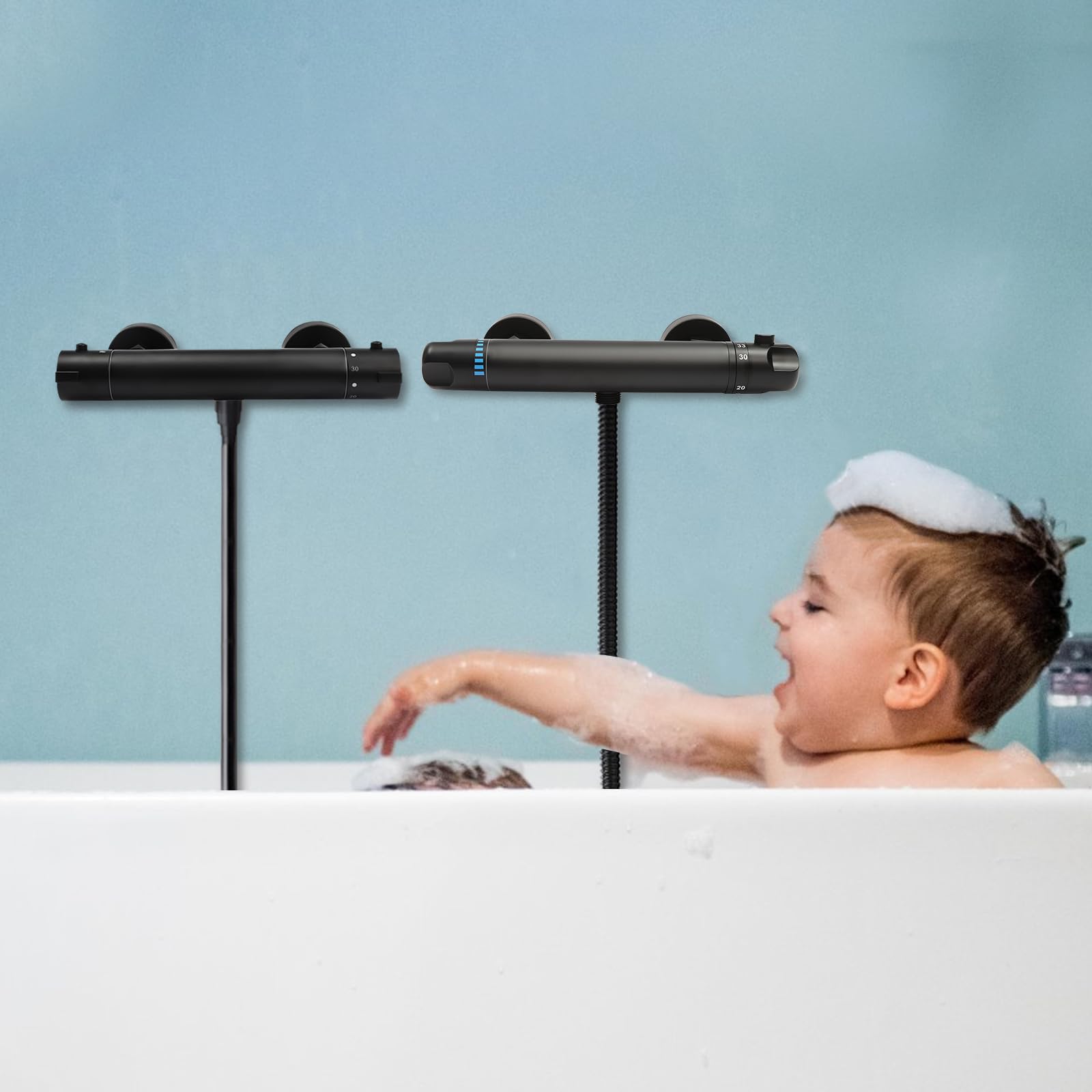 Czarny zawór prysznicowy termostatyczny, miedziany, termostatyczny, montaż na ścianie, zawór prysznicowy o stałej temperaturze 38°C, do wnętrz, łazienek, hoteli, 26 x 10 cm