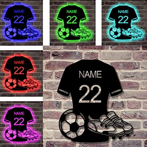 Personalizado Fútbol Metal Pared Arte Luz,Personalizado Nombre Fútbol Luces De Noche, Monogram Led Luz Logo Deportes Fan Accesorios Regalo De Fiesta De Cumpleaños
