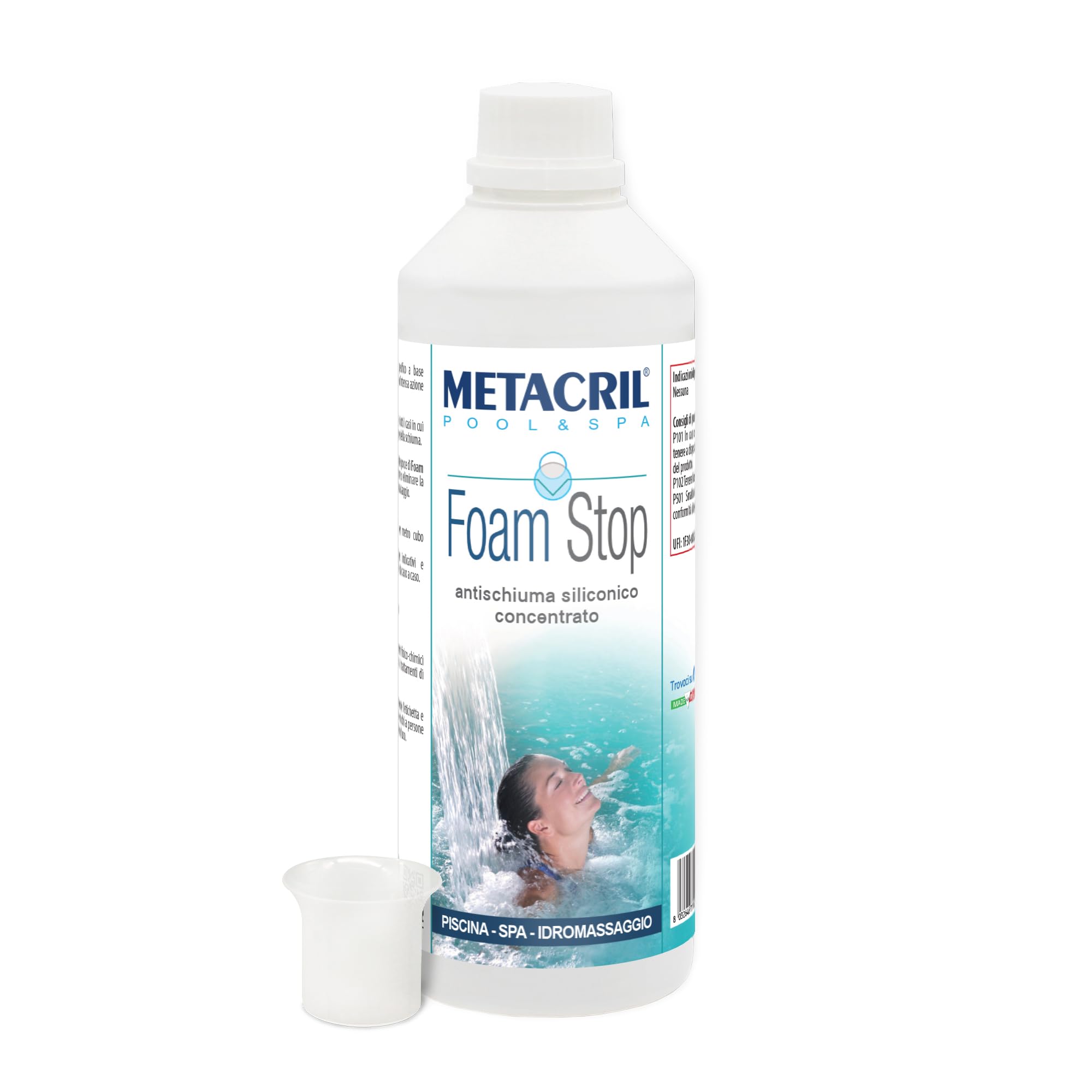 Metacril Antimousse siliconique super-concentré Foam Stop 500 ml Idéal pour spa, jacuzzi et piscine Gobelet doseur offert