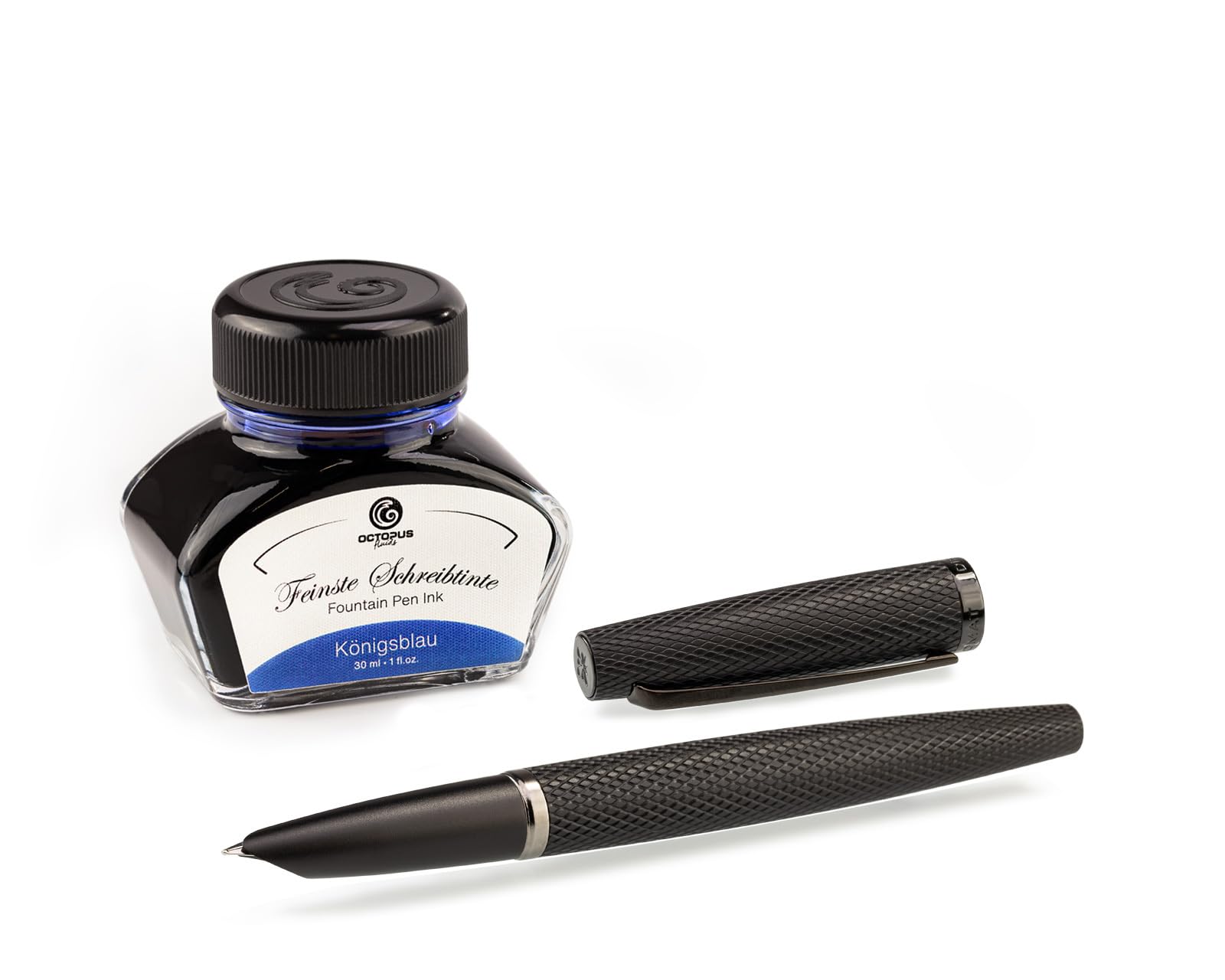 Octopus Diplomat Viper Fountain Pen Black with Concealed Stainless Steel Nib F/M and Royal Blue Dye-based Ink