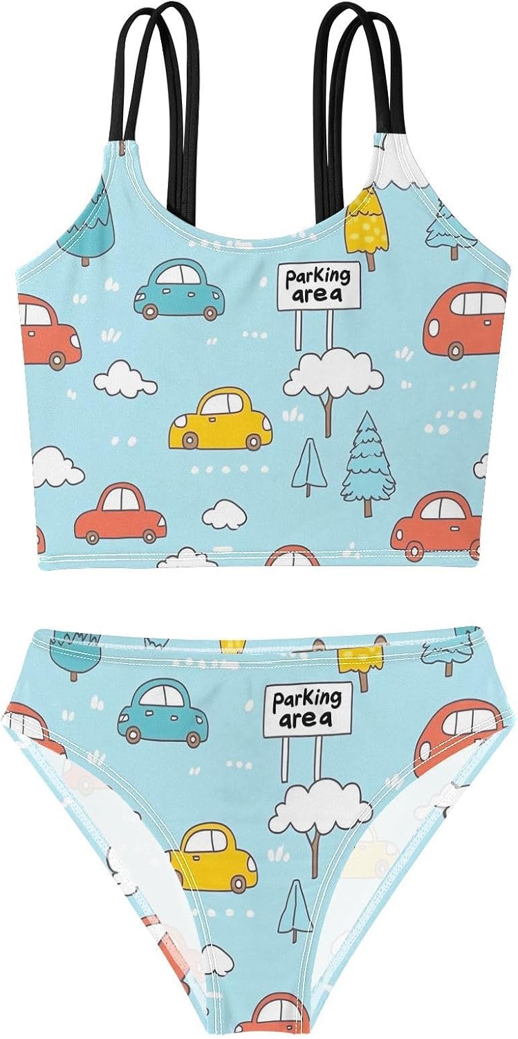 visesunny Girls Two Piece Swimsuits Cloud Parking Car Girl's Bikini Sets Bathing Suits for Girls Size 5-12Y