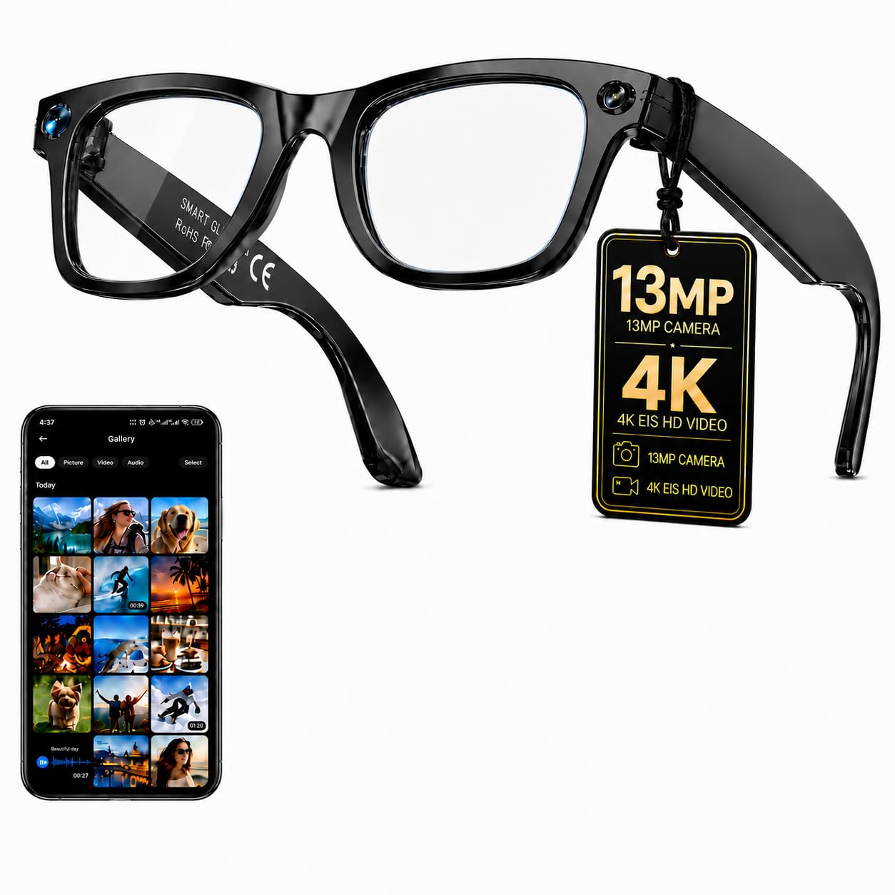 AI Smart Glasses with Camera, 13MP HD Capture, 4K EIS, Transparent Lenses