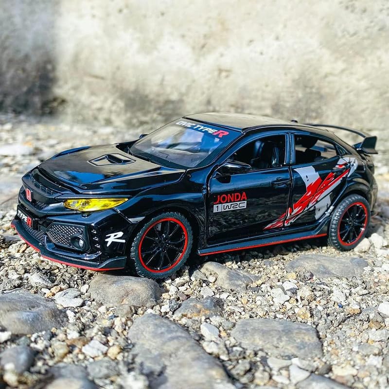 Image of PINQUE Kids New Car 1:32 Civic Type R Diecast Alloy Metal Pull Back Car with Openable Doors Music Sound and Light Vehicle Toy Car for Boys (Black)