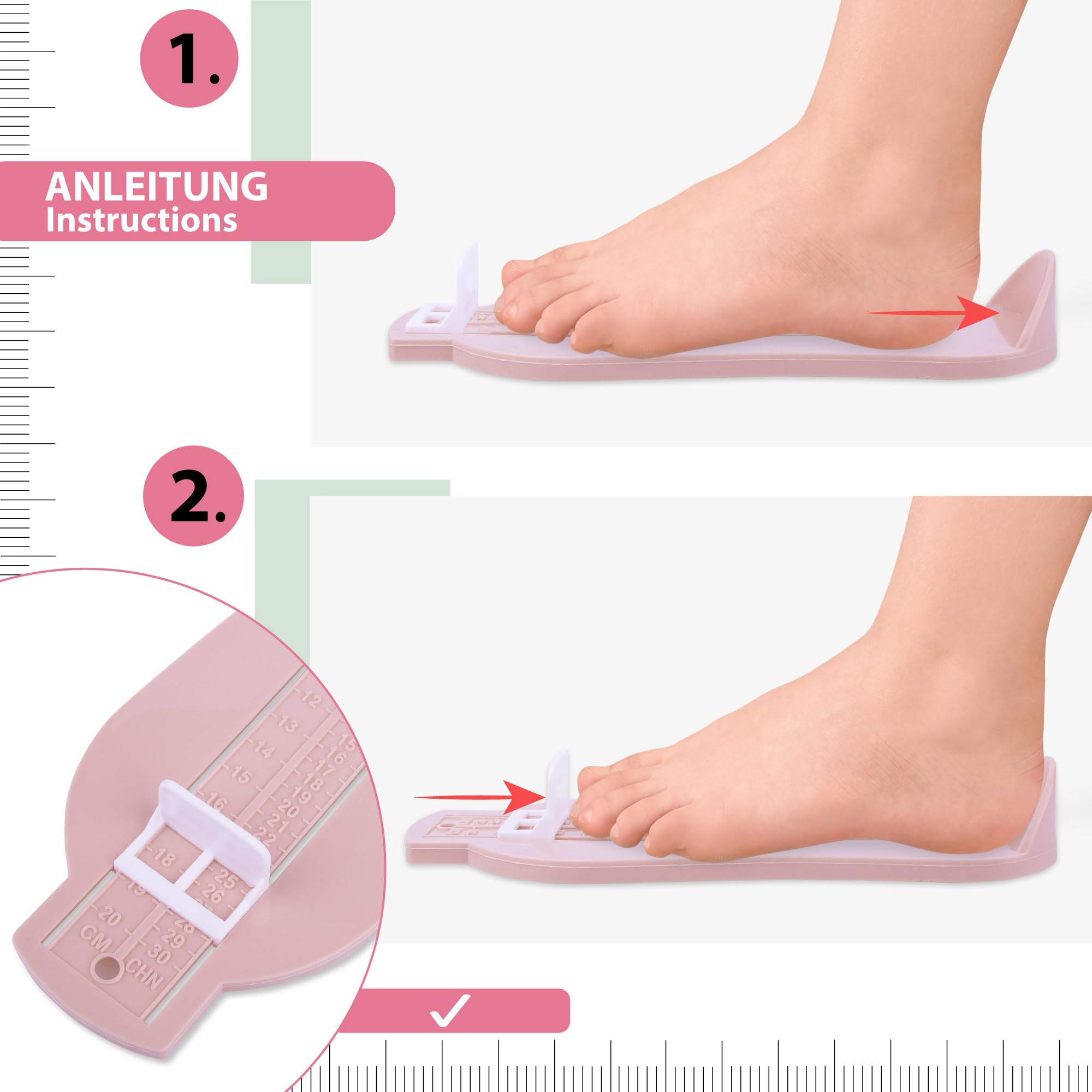 SULPO Jauge de pied pour enfant - Mesure des chaussures de 6 cm à 20 cm - Mesure de Pied pour Chaussures - Règle de mesure - Couleur menthe