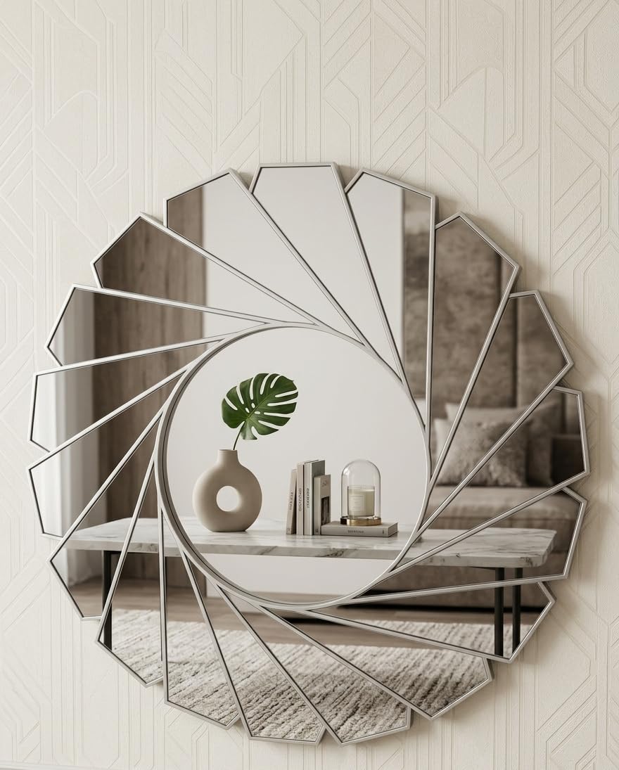 Biznest Silver Large Wall Mirror Art Deco Frame Round Swivel Style Wall Mirror Glass 61Cm Swirl Design Home Decor (Silver)