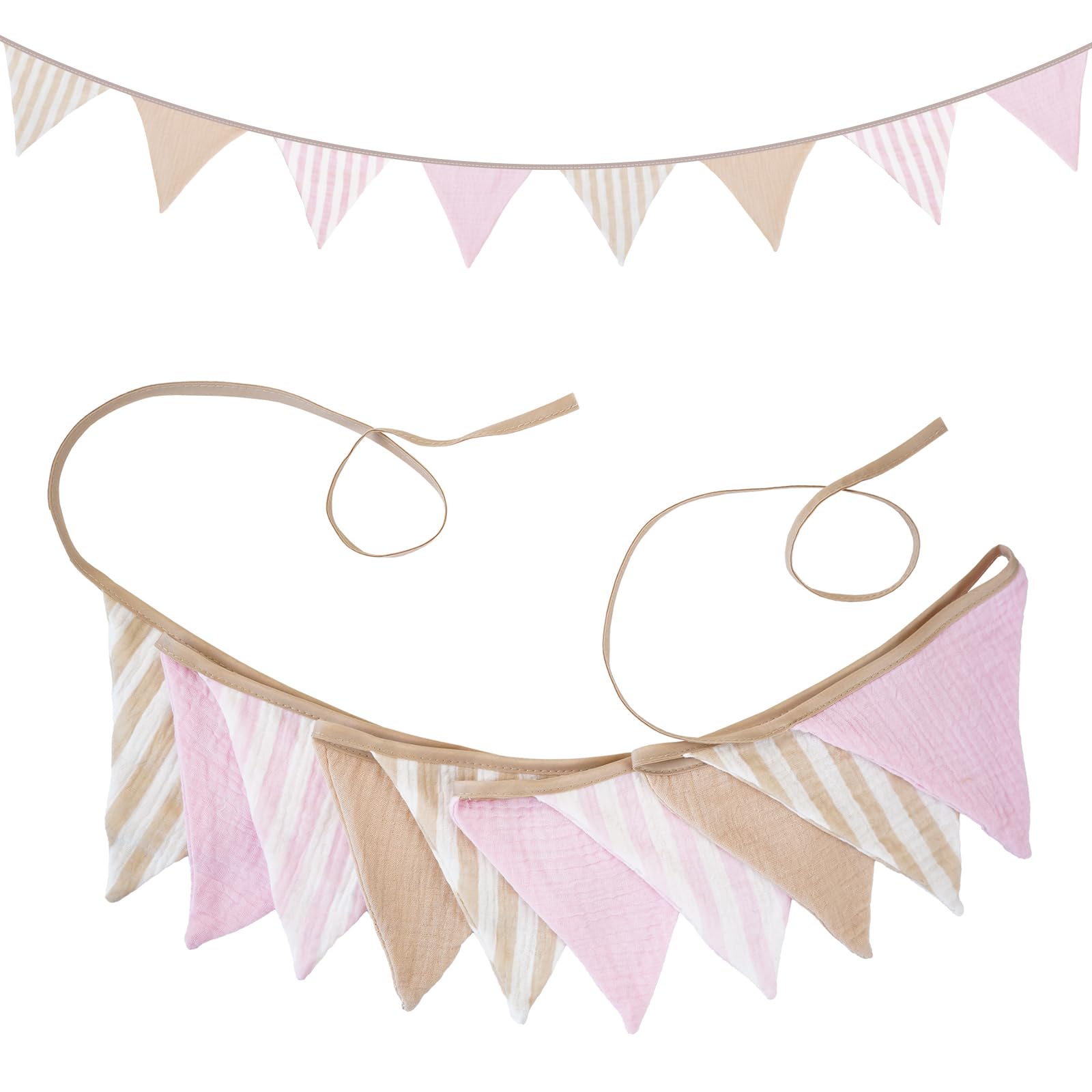 G2PLUS Muslin Fabric Bunting for Nursery: 10PCS Double Side Cloth Triangle Banner, Pink and Beige Cotton Bunting Banner for Baby Room, Nursery, Baby Shower Decor, 2.6m — image 1