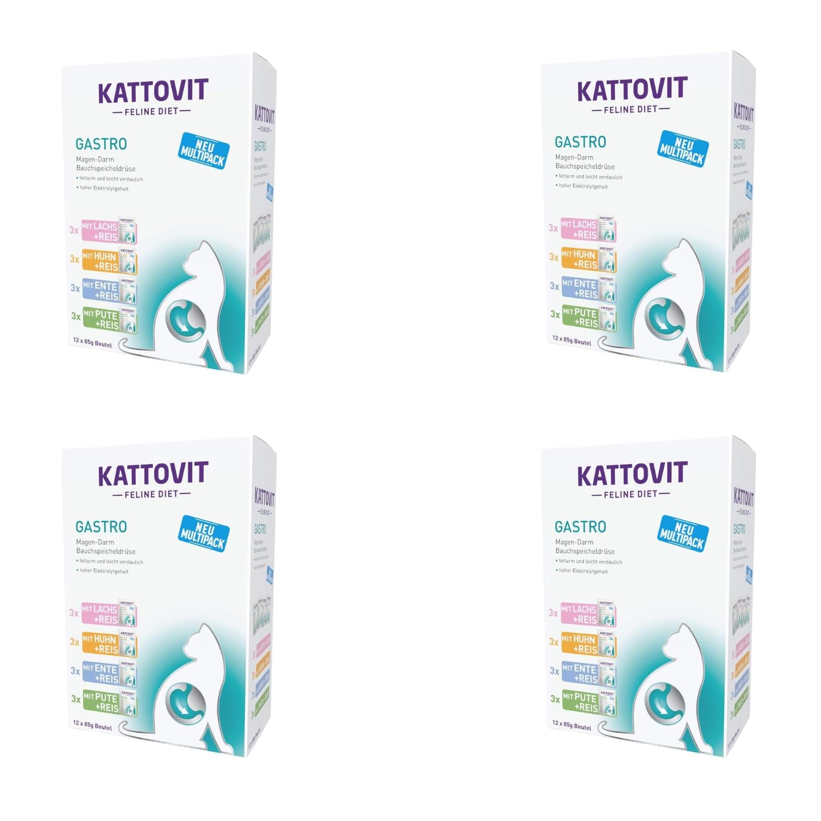 Kattovit Gastro Multipack | 4 sztuki w opakowaniu | 4 x 12 x 85 g | dietetyczna karma dla kotów z 4 różnymi rodzajami w woreczku świeżości | w przypadku problemów z przewodem pokarmowym