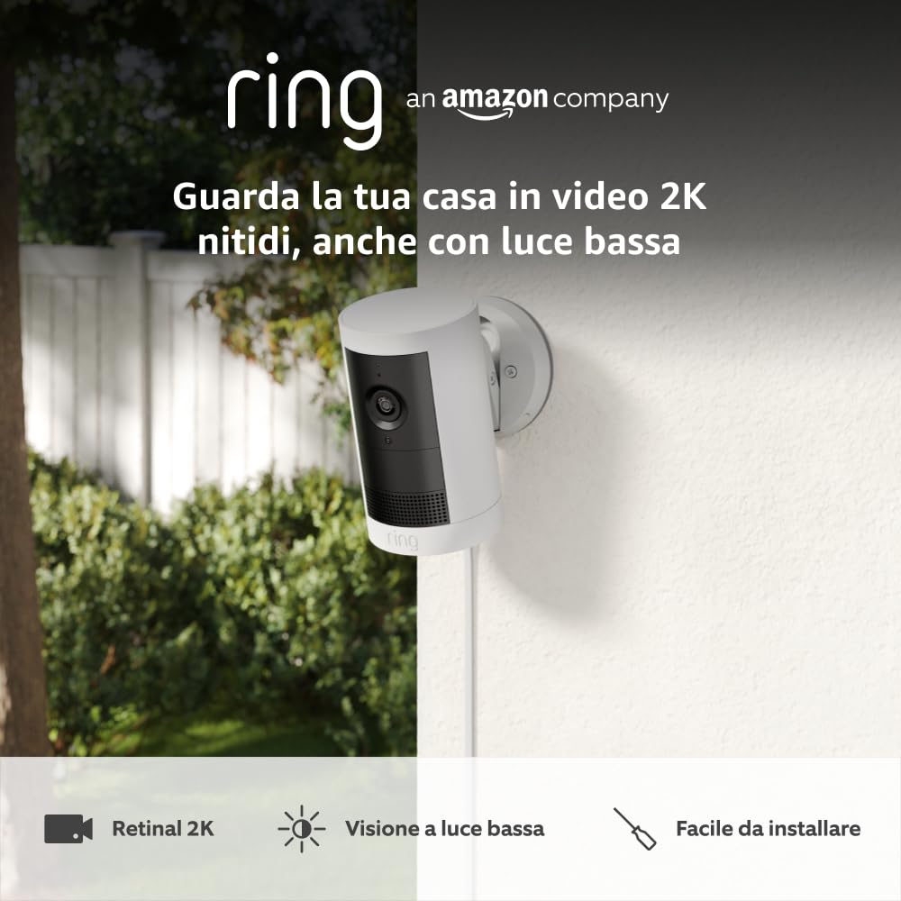 Ring Videocamera esterna Plus plug-in (Outdoor Camera Plus Ultimo modello) Video 2K grandangolare Videocamera di sicurezza wireless fai-da-te | Prova gratuita di 30 giorni piano d'abbonamento Ring