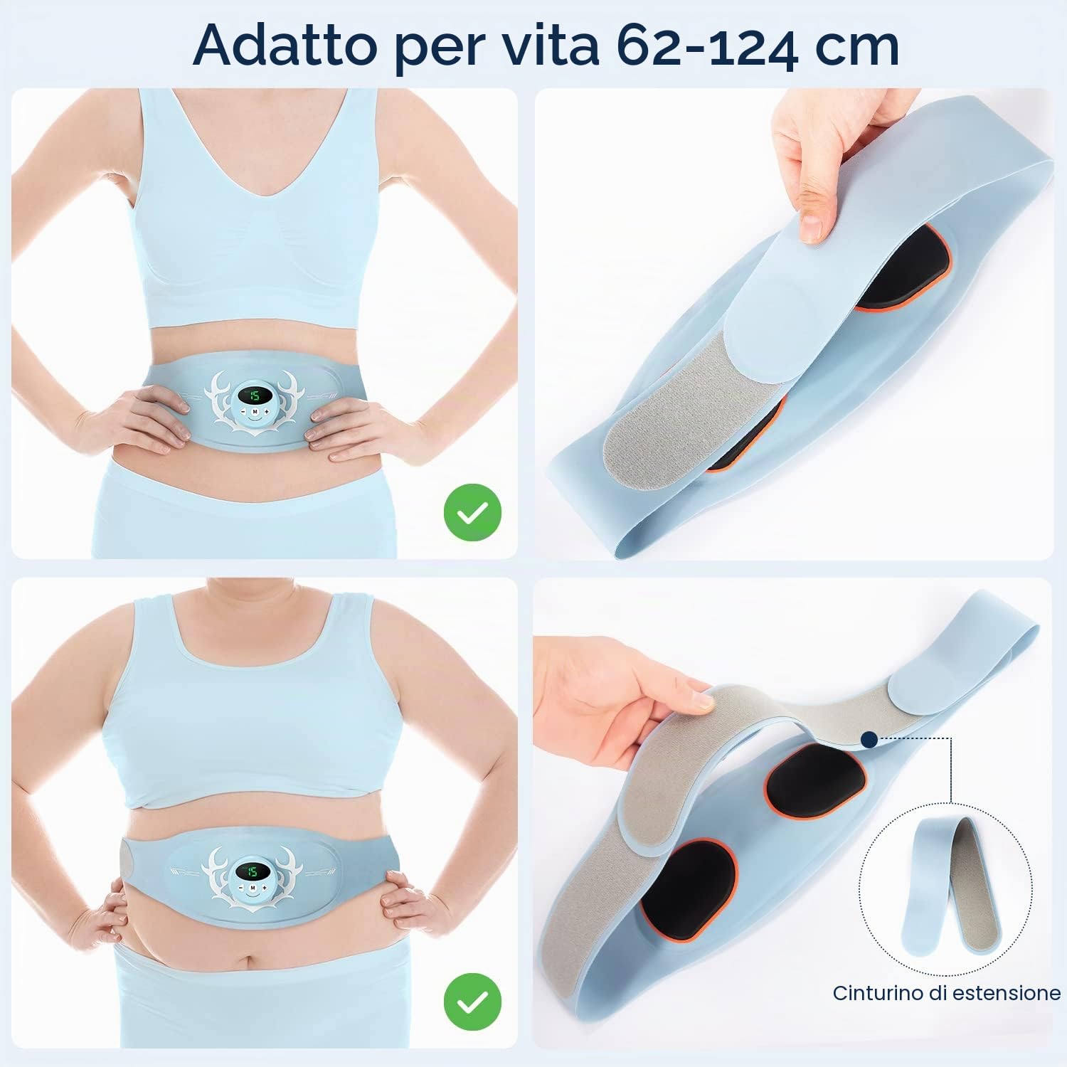 Cintura Elettrostimolatore, Elettrostimolatore Muscolare Addominali Elettrostimolatore, USB Addominale Tonificante Cintura, Adatta 62-124 cm di Vita