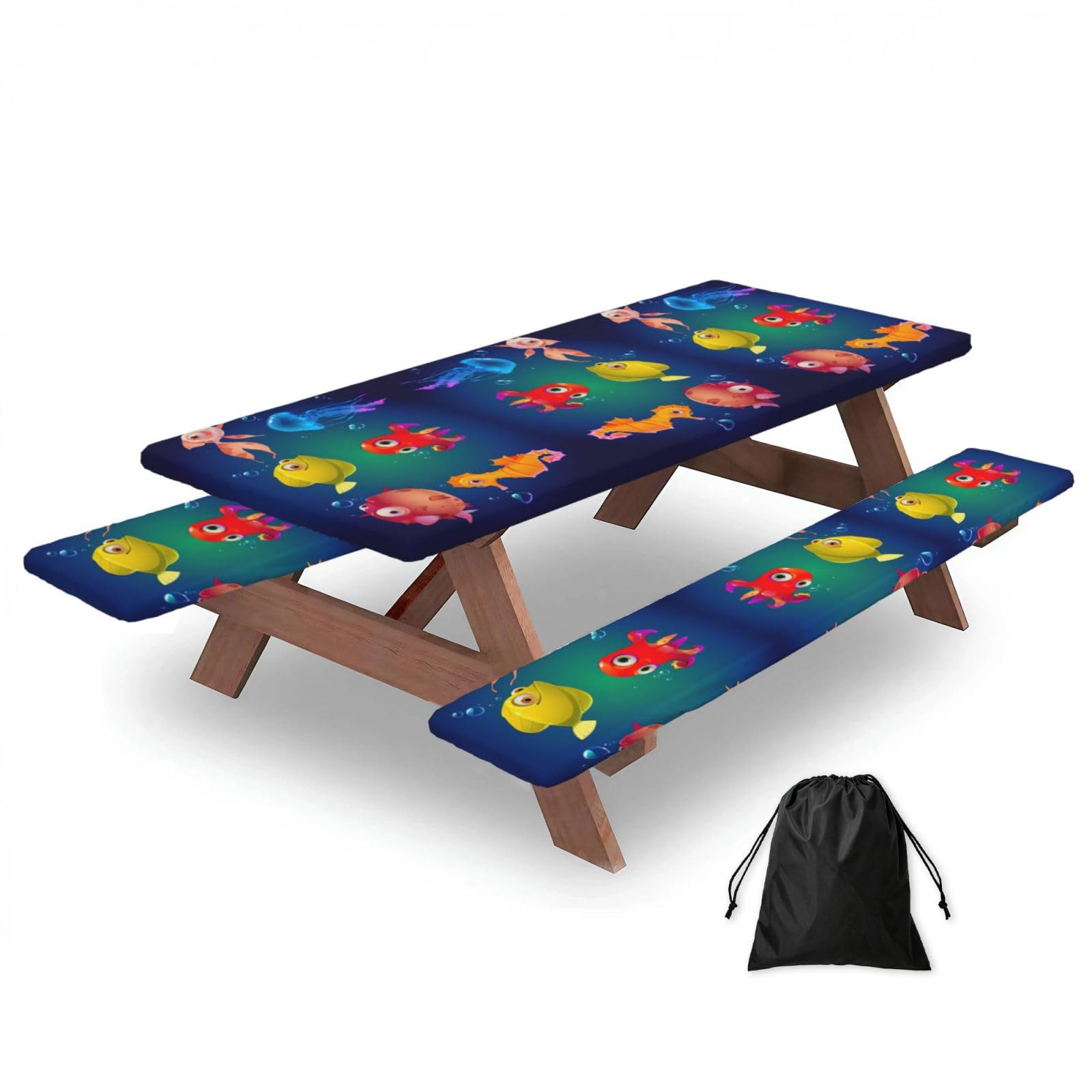 Marine Sea Life Print 183cm Picnic Table Cover With Bench Covers, Waterproof Elastic Tablecloth Set For Outdoor