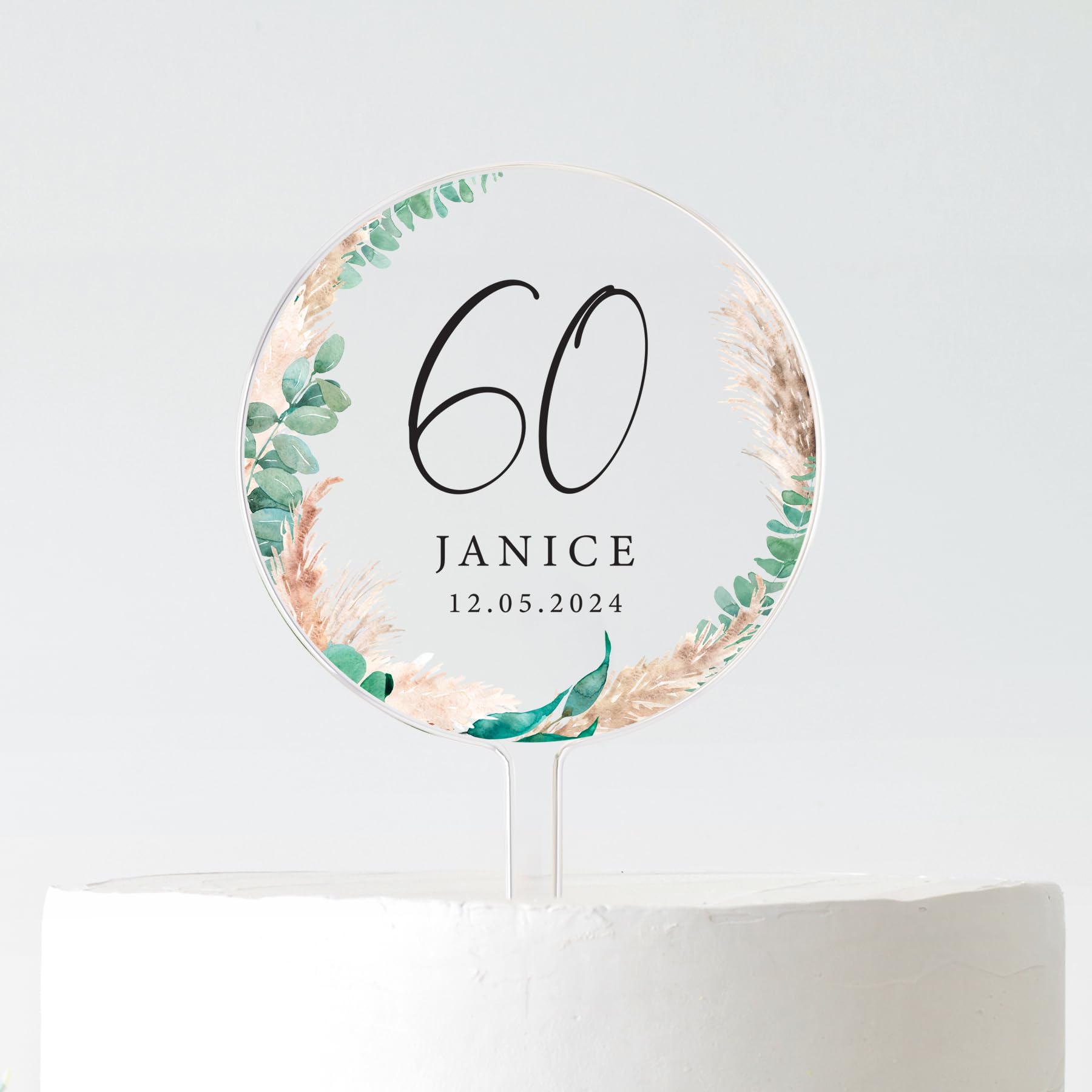 Personalised Birthday Cake Topper | Custom Age & Name Cake Decoration | Acrylic Round Cake Topper | 10cm or 12cm | Black or White Tex (Pampass Wreath 60, 12CM)