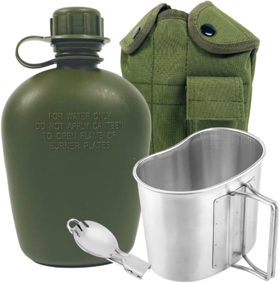 BeGrit Military Canteen Army Canteen WWII US G.I. Style Canteen Kit with Aluminum Cup Stainless Steel Foldable Spoon Fork for Hiking Backpacking Camping, 1 Quart Green