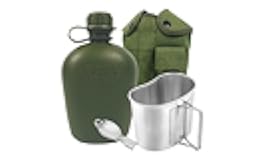BeGrit Military Canteen Army Canteen WWII US G.I. Style Canteen Kit with Aluminum Cup Stainless Steel Foldable Spoon Fork for Hiking Backpacking Camping, 1 Quart Green