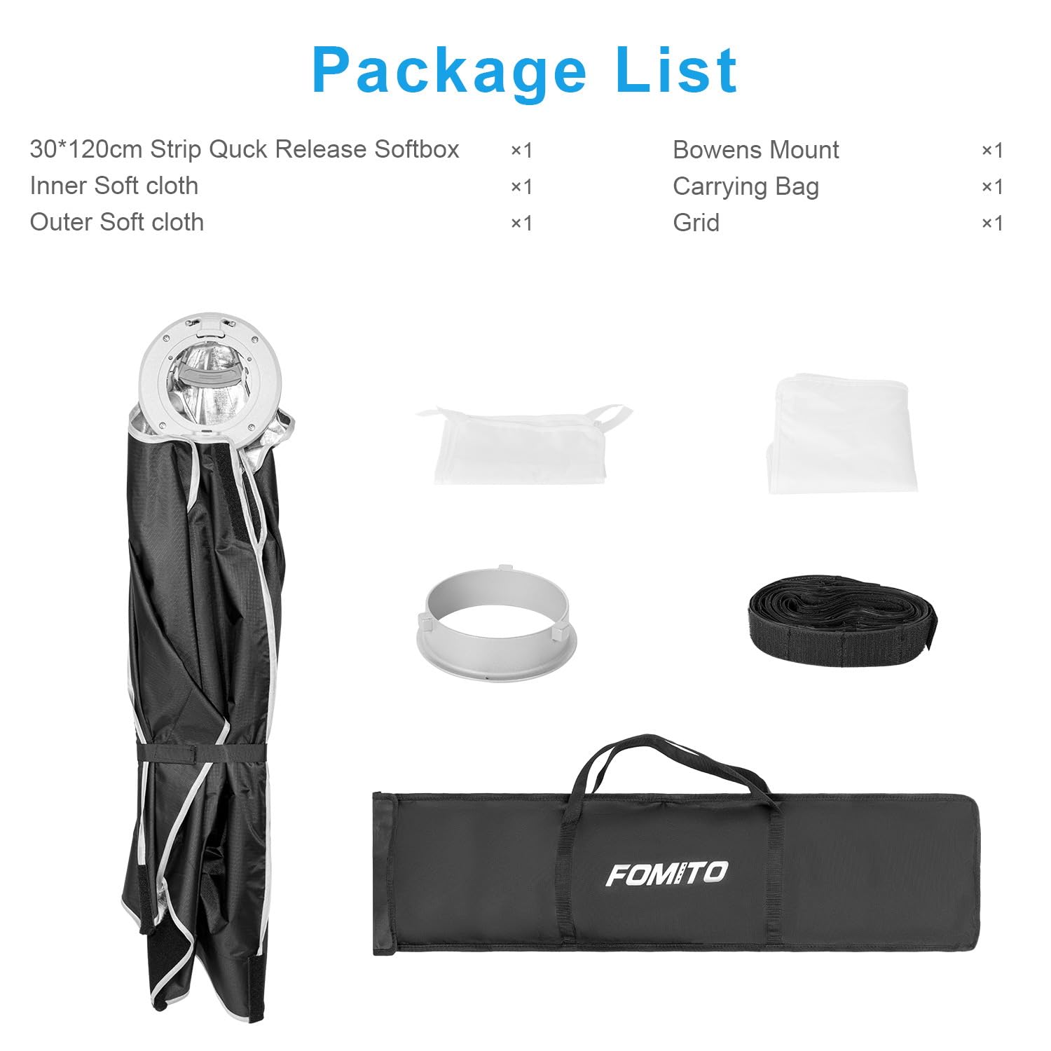 FOMITO Softbox rettangolare, 30 x 120 cm, Softbox Bowens a sgancio rapido con griglia a nido d'ape, diffusori di luce, borsa per Godox SL-60W SL60IID SL150R SL300R Aputure 120d ecc