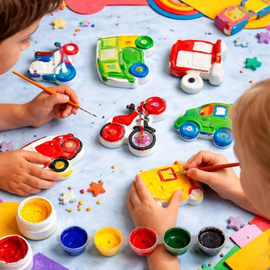 Image of EXPESIA Paint Your Own Ceramic Vehicles Kit for Kids, DIY Arts and Crafts Set with 6 Figurines, Paints and Brush, Ages +2 Year