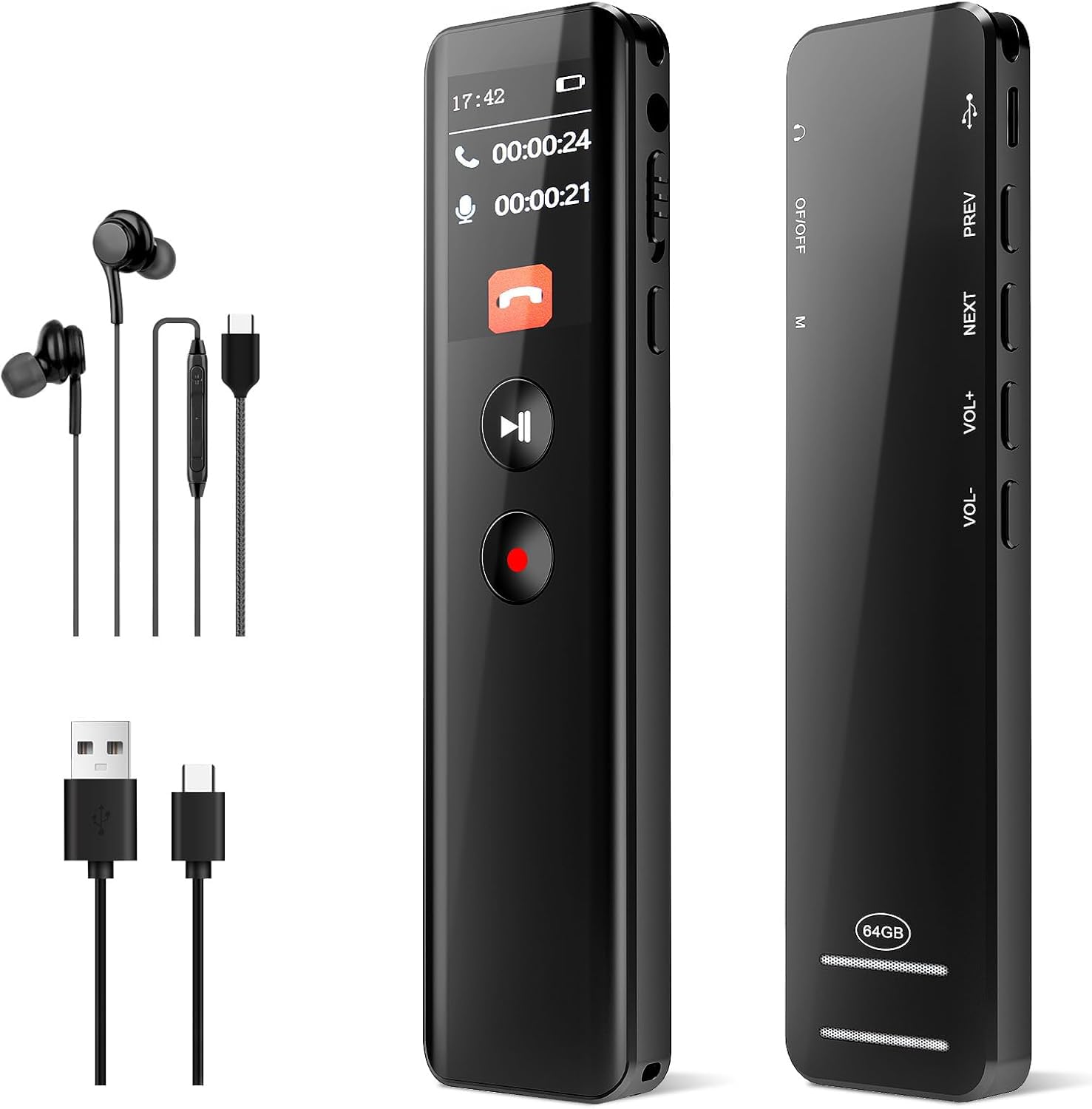 128GB Digitales Diktiergerät mit Wiedergabe,KI Geräuschunterdrückung, Sprachaktivierung, MP3-Player, Passwortschutz, USB-C, Bluetooth-Anrufaufnahme, für Vorlesungen,Meetings,Interviews