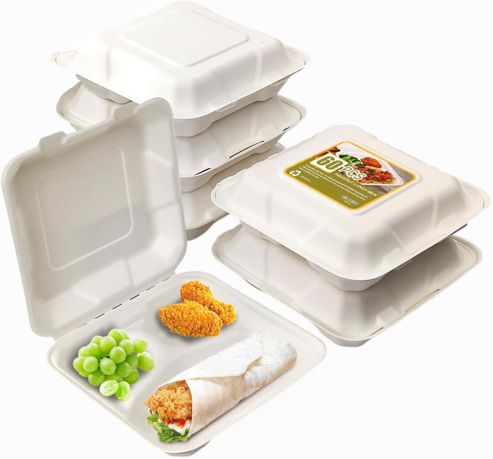 8X8" 60 Pack Clamshell Take Out Food Containers, 3 Compartment To Go Containers with Lids,Disposable Compostable To Go Boxes Heavy-Duty Eco-Friendly Biodegradable (8*8 in, 3-Compartment,60Pack)