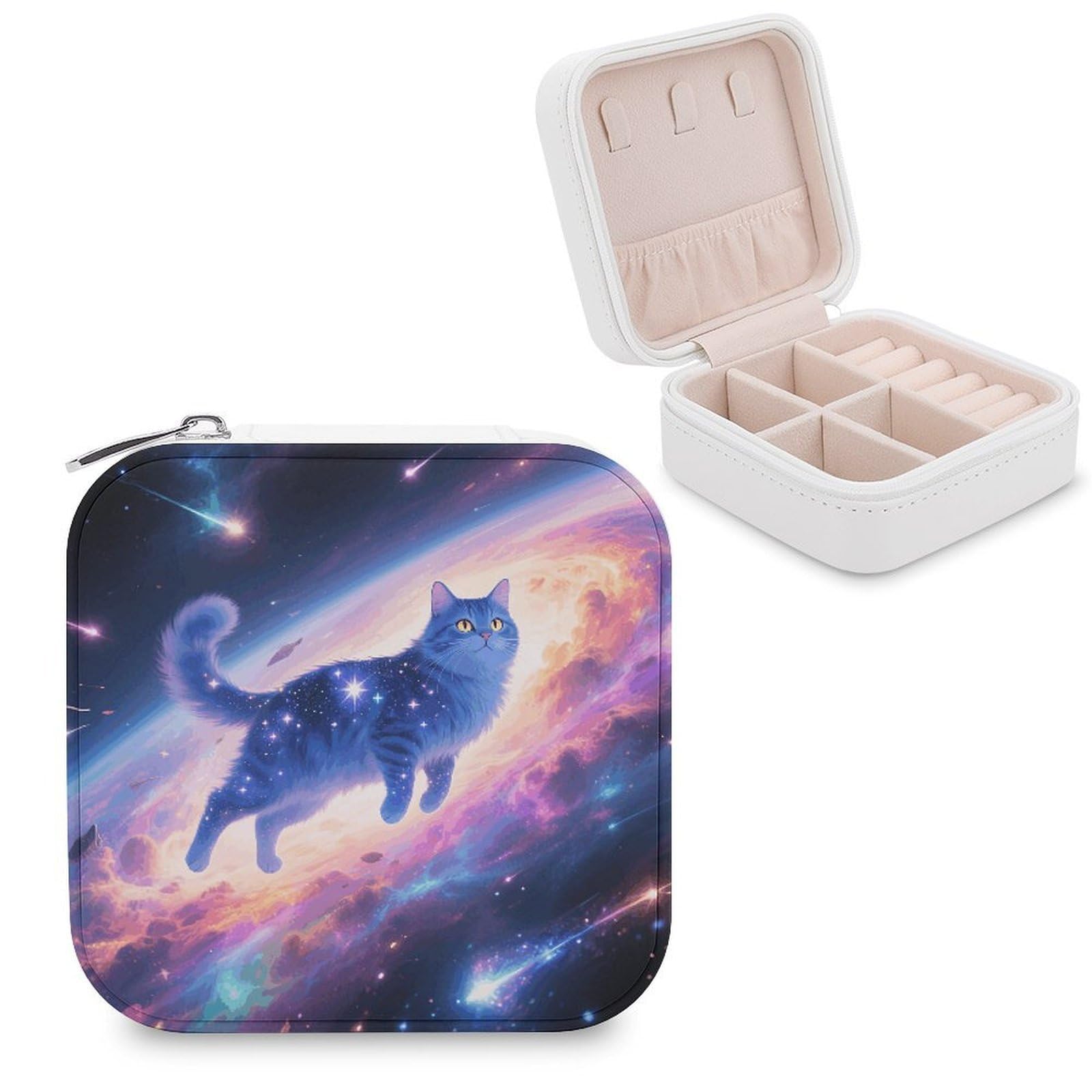 VstaDank Stellar Cat Jewelry Box for Women Jewelry Organizer Storage Case with Zipper Mini Travel Jewelry Case Cute Trinket Organizer Leather Portable Jewelry Storage Box