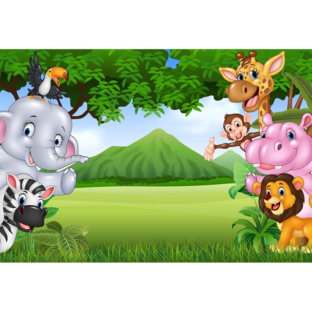 Aoihrraan 3x2m Giungla Safari Sfondo Cartone Animato Zoo Animali Prati Montagna Fotografia Sfondo Per Ragazzi Compleanno Festa Tavola Arredamento Bambino Doccia Bambini Ritratto Foto Prop