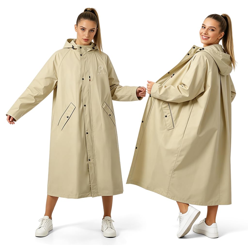 Raincoat for Women Waterproof Full-Length Hooded Rain Poncho Beige Oversized Long Rain Jacket with Snap-Button&Pockets Lightweight Trench-Style Rainwear for Hiking, Travel, Motorcycle Riding-image-30