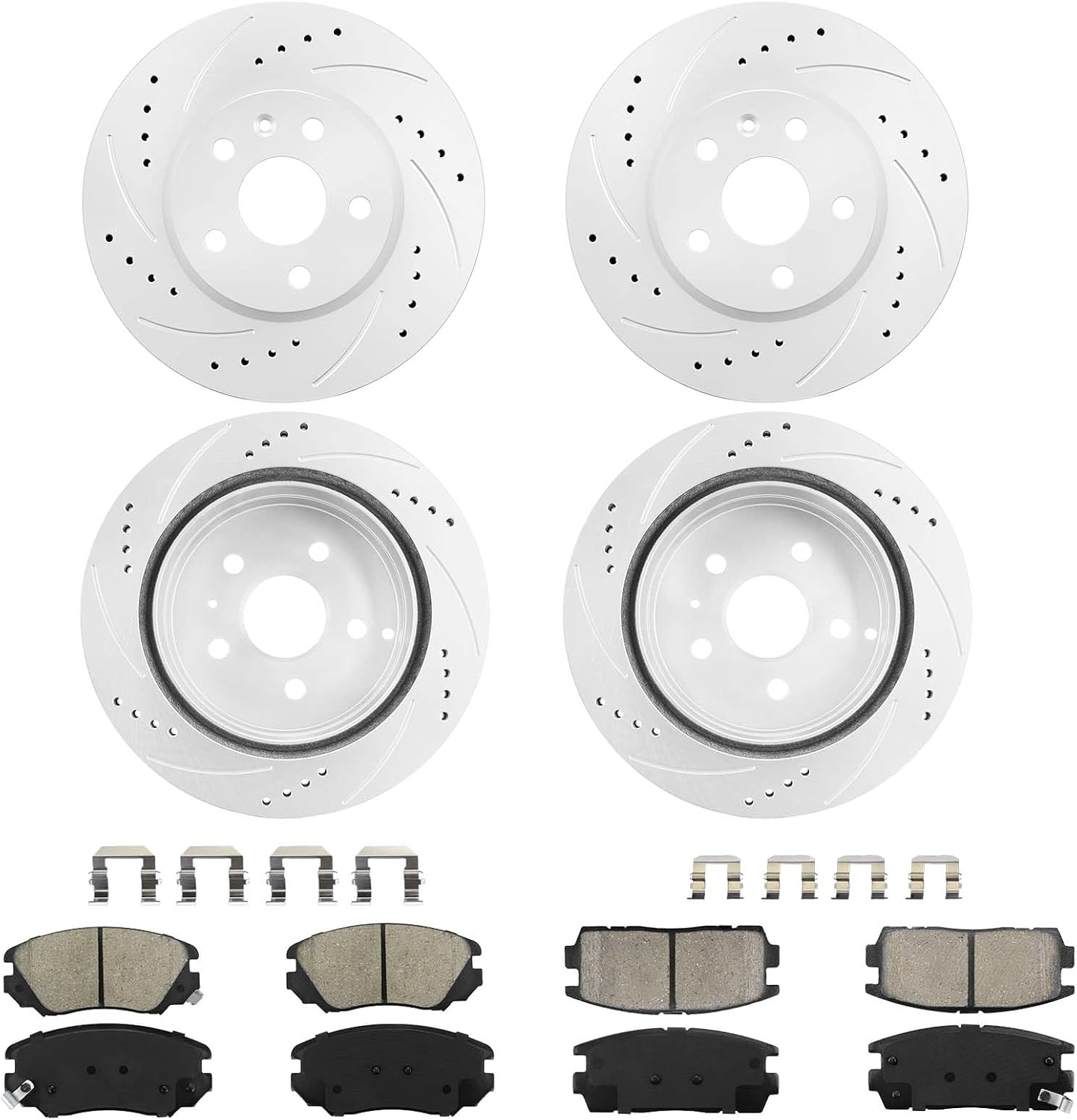 Betthand Front+Rear Brakes and Rotors Geomet 12.6''+11.9‘’ Replace for 2010-2017 Chevy Equinox, 2010-2017 GMC Terrain, Drilled Slotted, 2.4L 3L 3.6L, L4 V6, 580746+580763, 55174+55178, 18A2719+18A2727