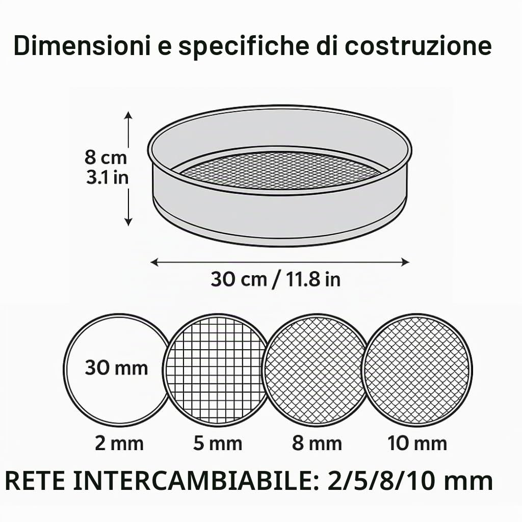 IRSTBL Setaccio da giardino in acciaio inox 304 resistente, con 4 reti intercambiabili (2 mm, 5 mm, 8 mm, 10 mm) per terreno, compost e bonsai, 30 cm