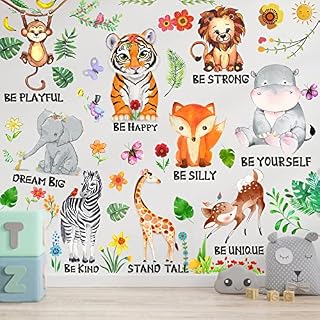 9 Pcs Jungle Animal Wall Decals, Removable Woodland Safari Animal Wall Sticker with Inspirational Quotes for Baby Boys Girls Infant Children Kids Nursery Living Room Bedroom Classroom Playroom Decor